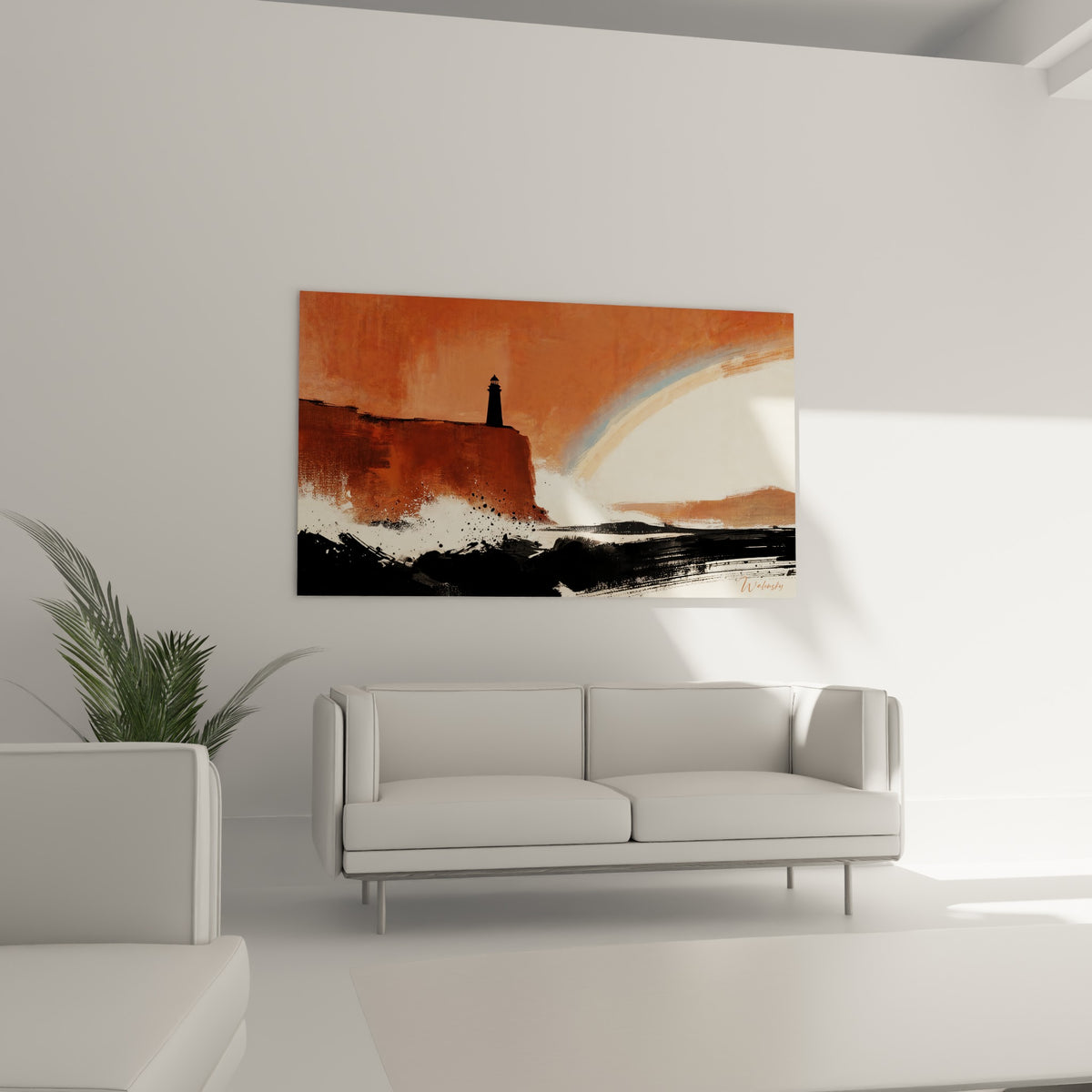 Vagues anthracite frappant la roche ocre sous un arc en ciel bleu pastel, au-dessus d'un canapé dans un salon lumineux
