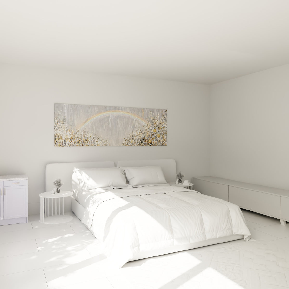 Buissons dorés et arc-en-ciel pastel accrochés au-dessus d'un lit dans une chambre claire