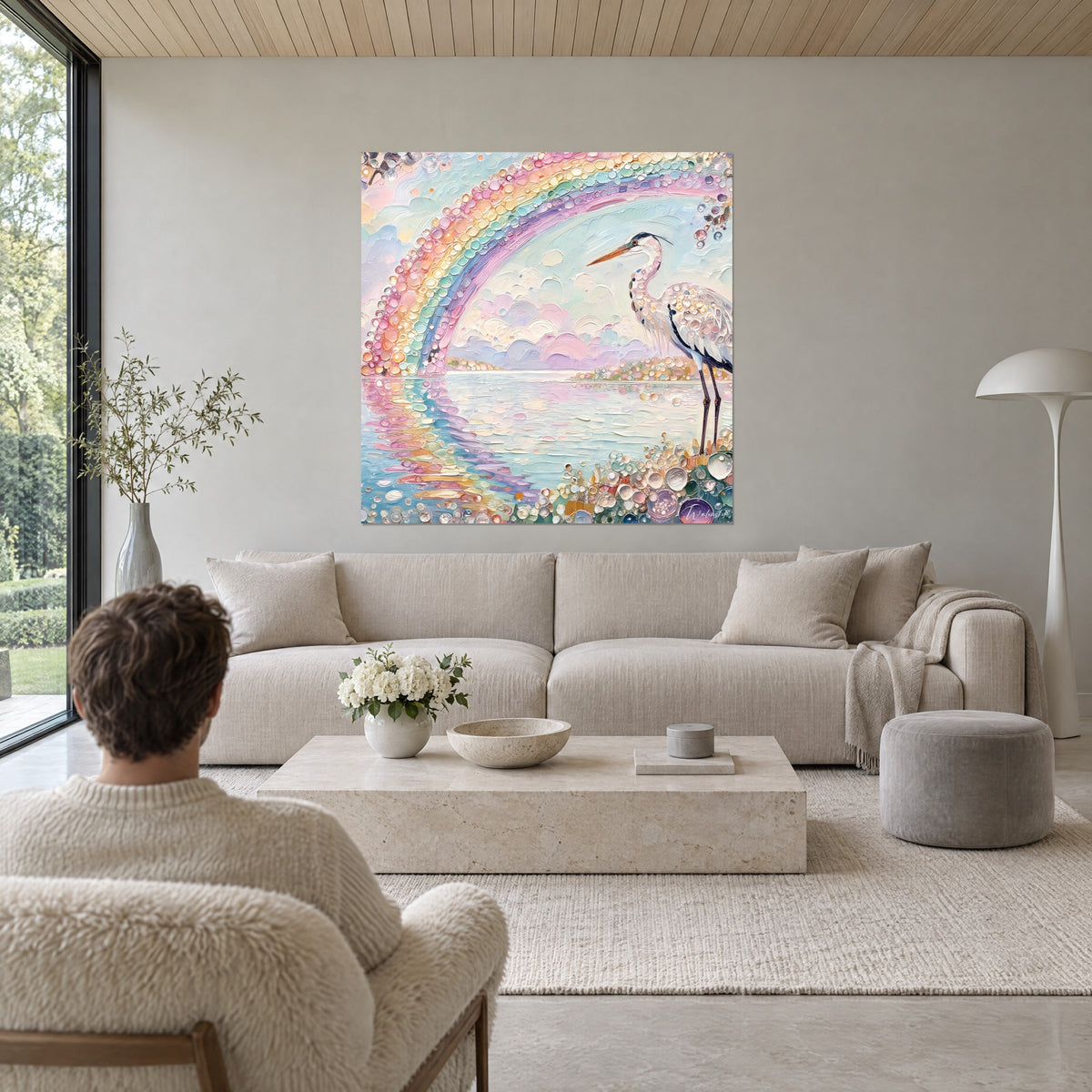 Silhouette du héron et arche pastel rose-bleu accrochée au-dessus d'un lit dans une chambre claire