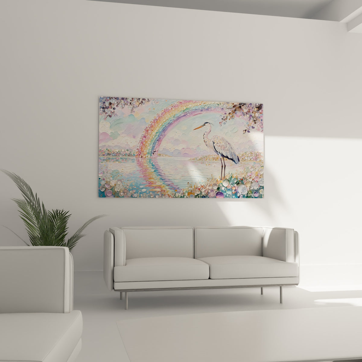 Silhouette de héron aux teintes ocre et rosées sous un arc en ciel, au-dessus d'un canapé dans un salon lumineux