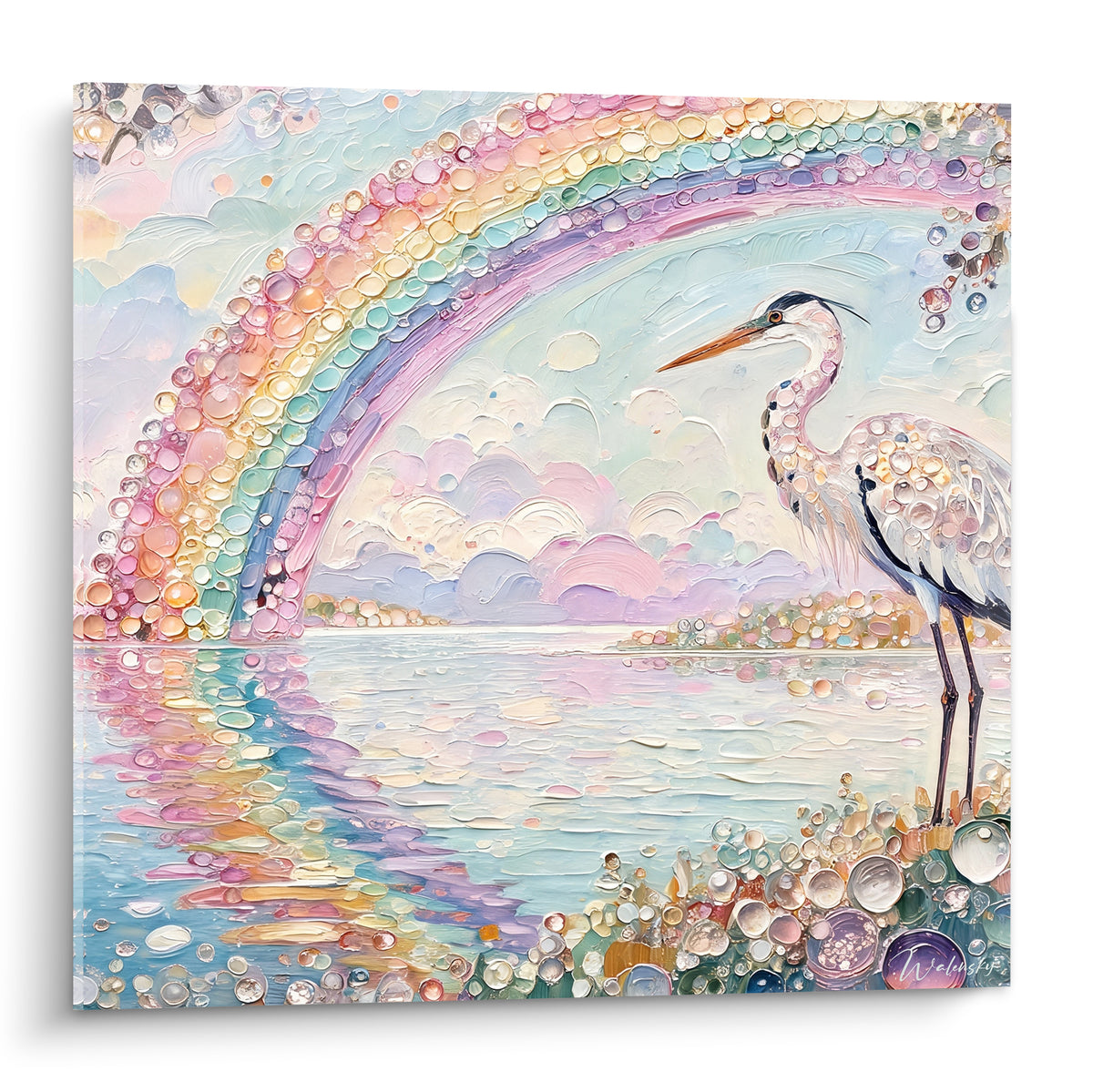 Héron blanc au long cou sous un arc en ciel rose et bleu pastel texturé en relief