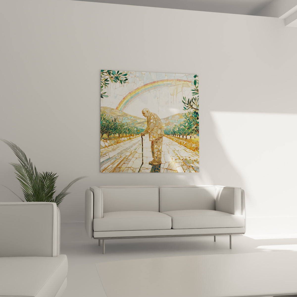 Personnage âgé aux teintes ocre et turquoise avançant sur un chemin, au-dessus d'un canapé dans un salon lumineux