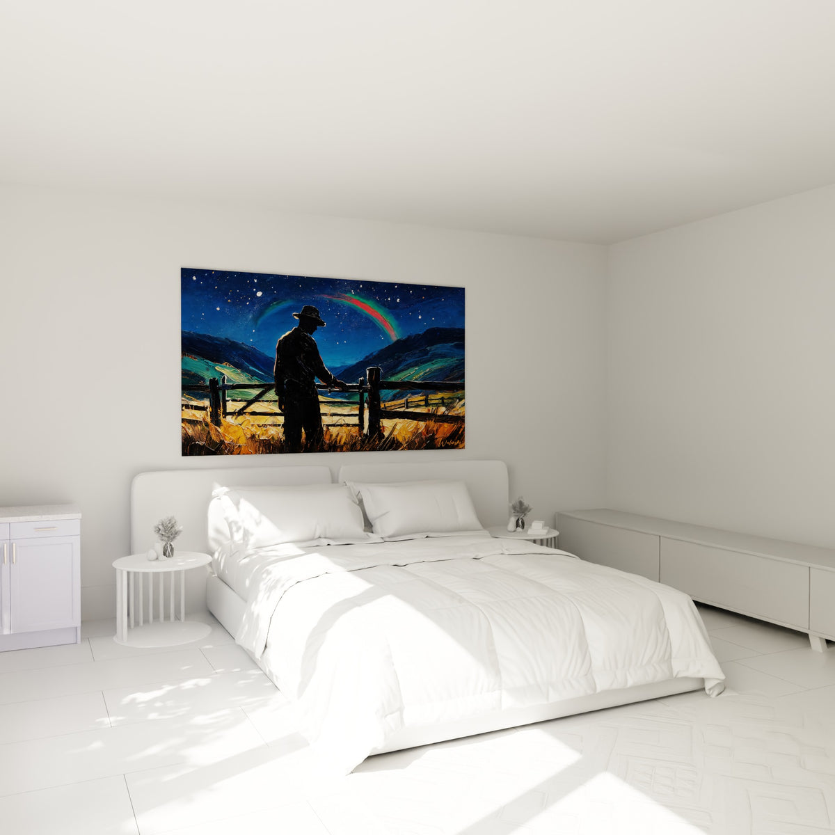 Homme appuyé sur une barrière sous un arc-en-ciel bleu et rouge, au-dessus d'un lit dans une chambre claire