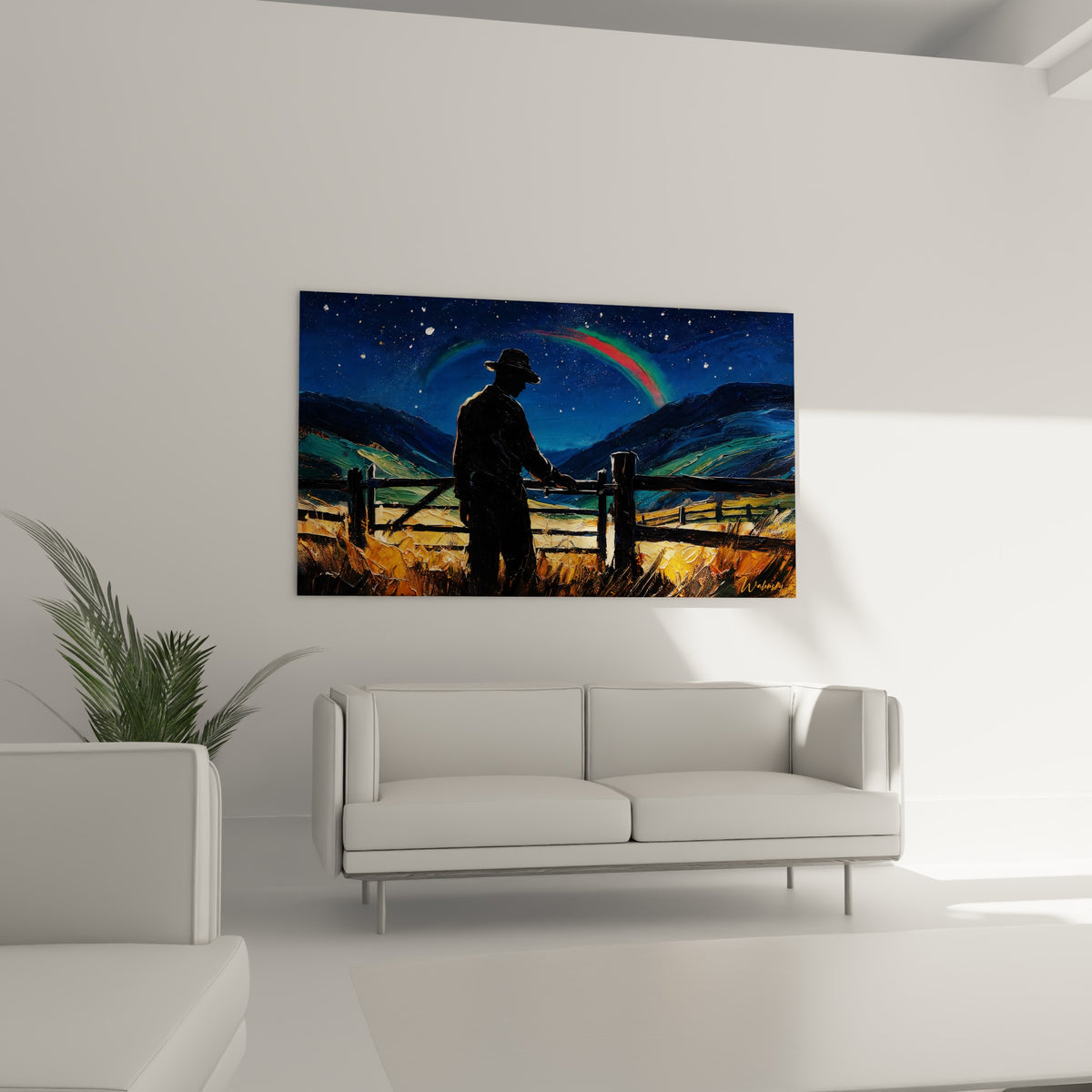 Chapeau et clôture de bois se découpant sur un ciel bleu marine étoilé, au-dessus d'un canapé dans un salon lumineux