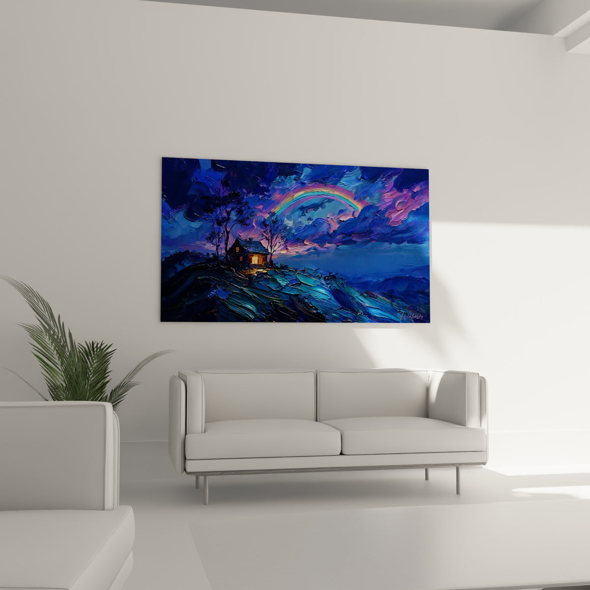 Nuages violets et bleu anthracite enveloppant une chaumière dorée, au-dessus d'un canapé dans un salon lumineux