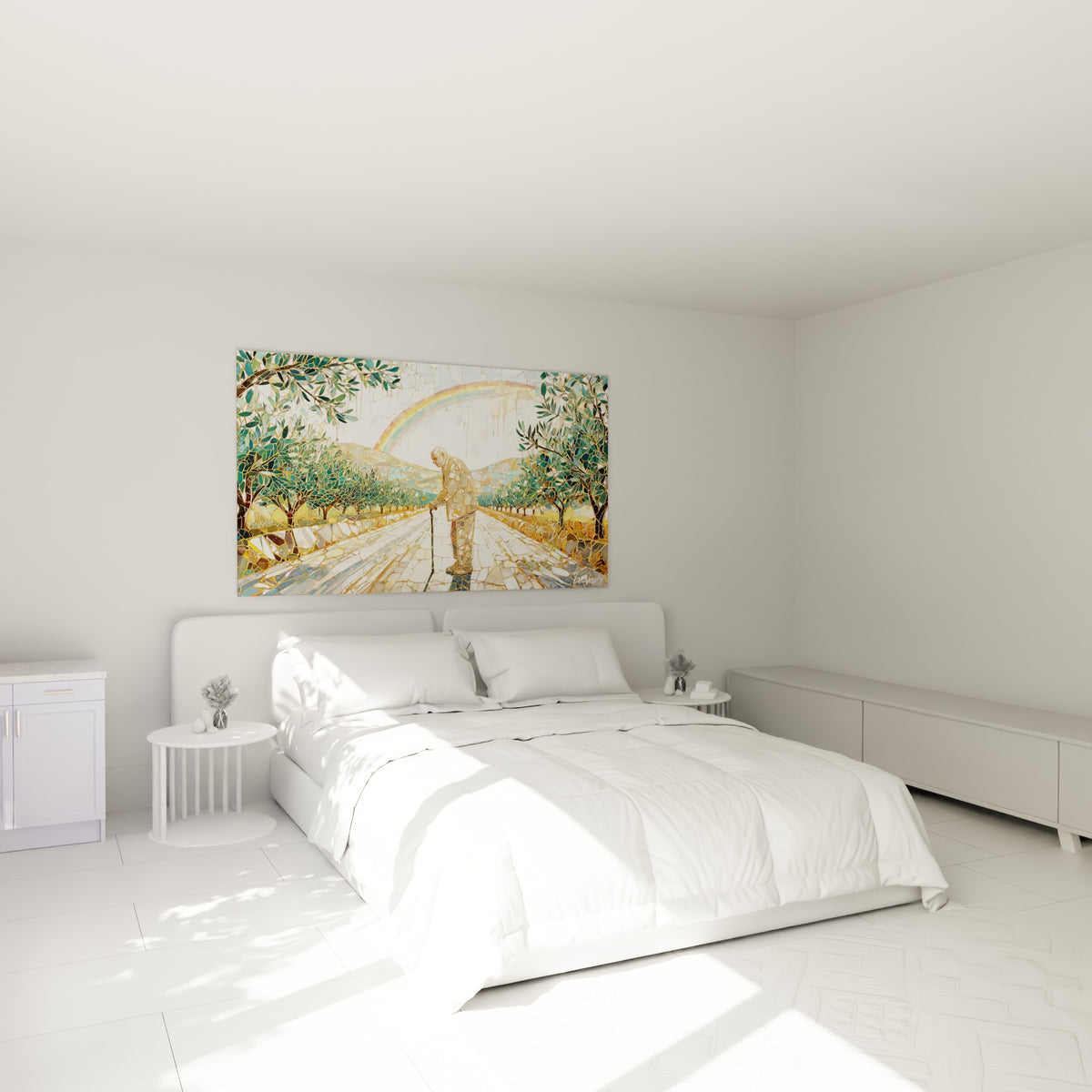 Silhouette courbée sur chemin doré et vert sauge, tableau Arc en ciel au-dessus d'un lit dans une chambre claire