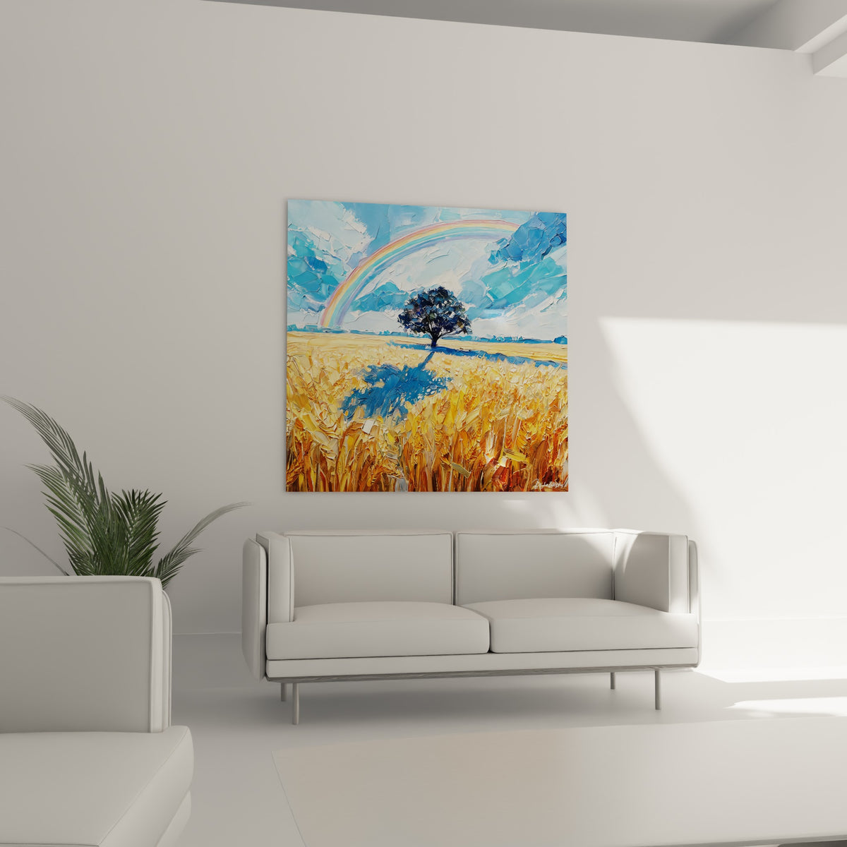 Arbre solitaire bleu marine se dressant sous un arc en ciel, au-dessus d'un canapé dans un salon lumineux