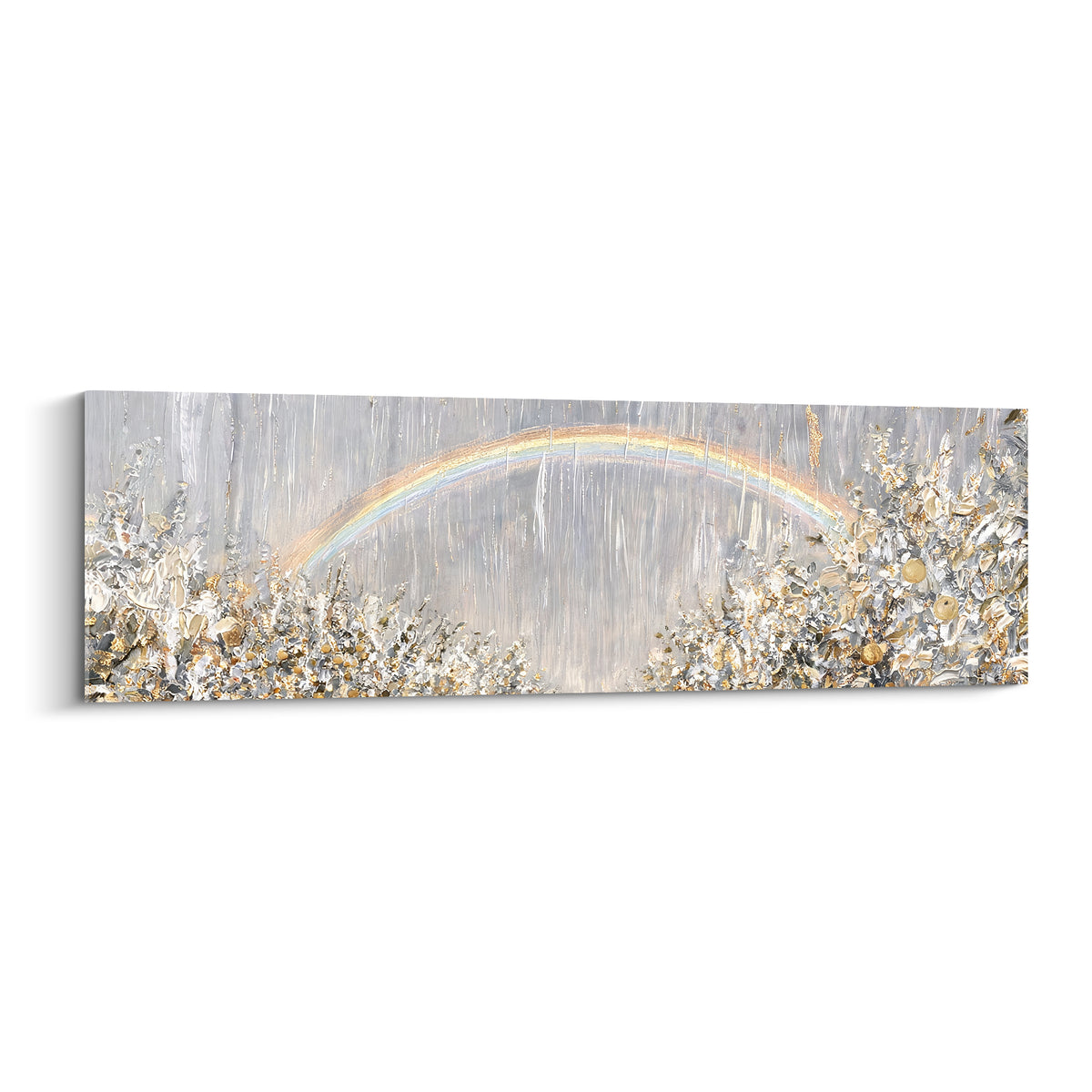 Arc-en-ciel pastel sur fond gris perle, buissons dorés en relief, toile panoramique texturée