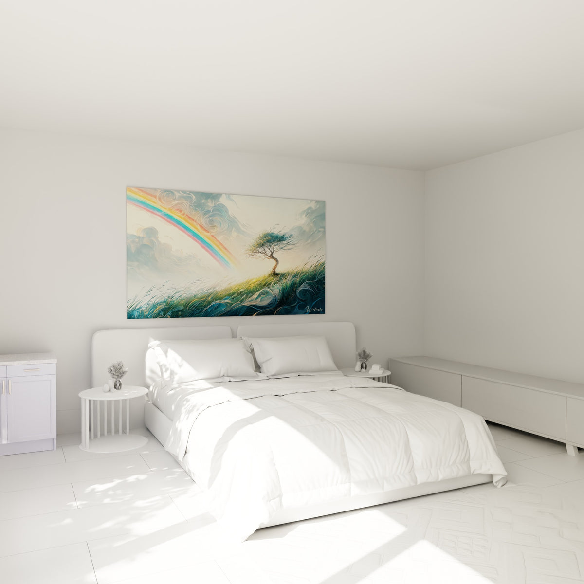 Colline verte et arc-en-ciel pastel peints avec finesse, accrochés au-dessus d'un lit dans une chambre claire