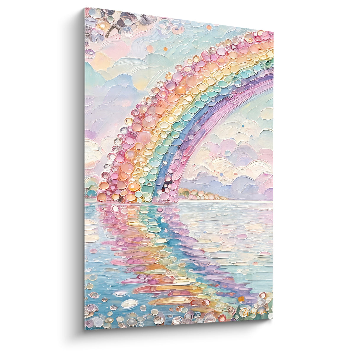 Arc-en-ciel pastel aux teintes rose, ocre et bleu, texture en relief façon perles peintes