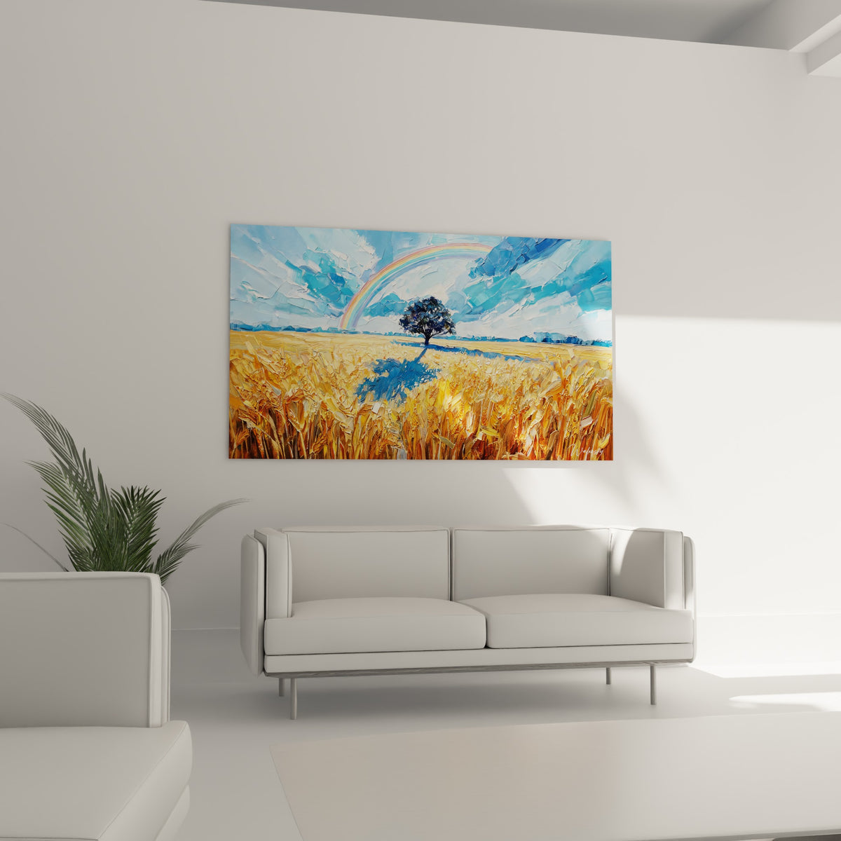 Rainbow pastel bleu et rosé au-dessus d'un champ de blé ocre, au-dessus d'un canapé dans un salon lumineux