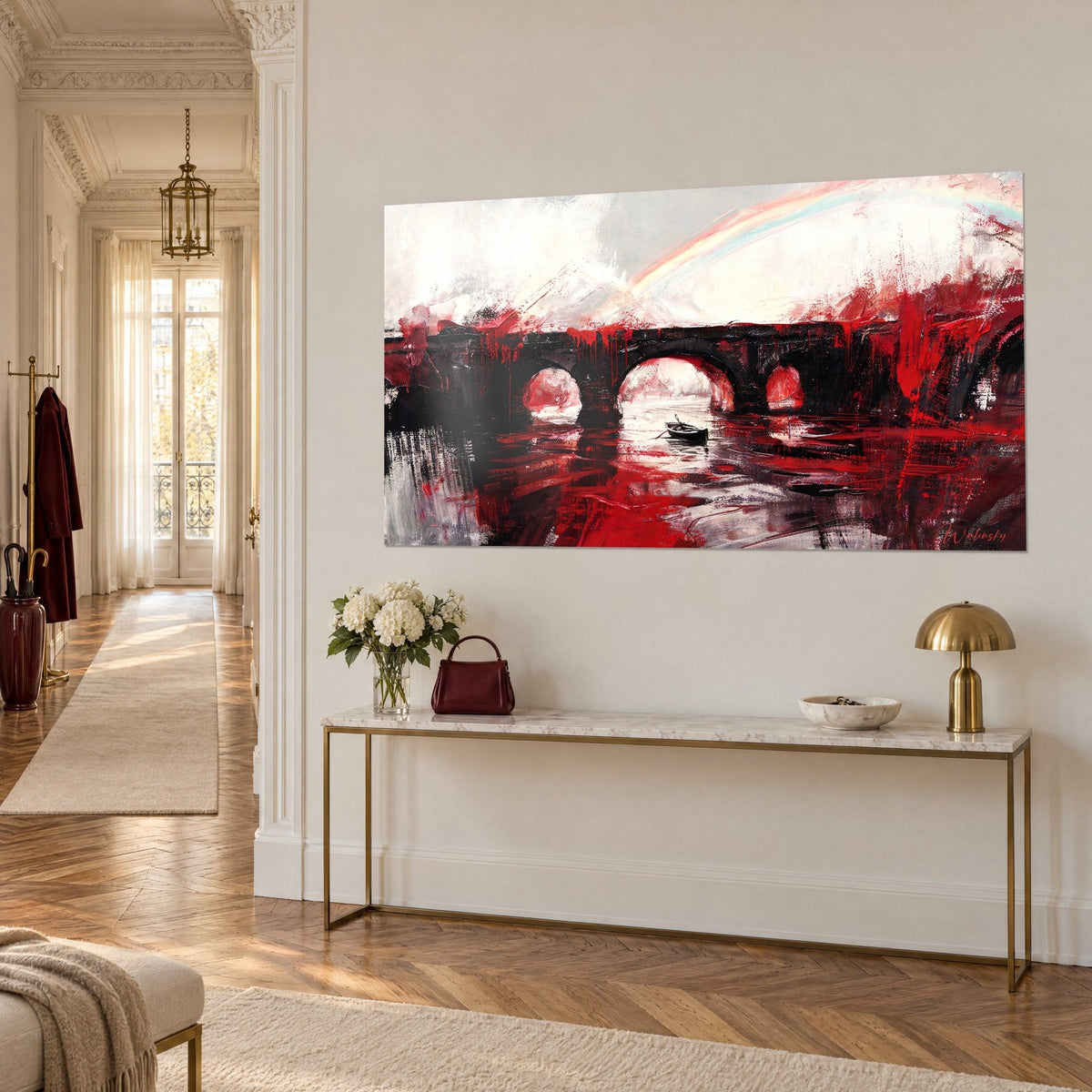 Tableau arches sombres éclaboussées de rouge carmin, ciel blanc crayeux et arc-en-ciel, au-dessus d'une console dorée dans un couloir