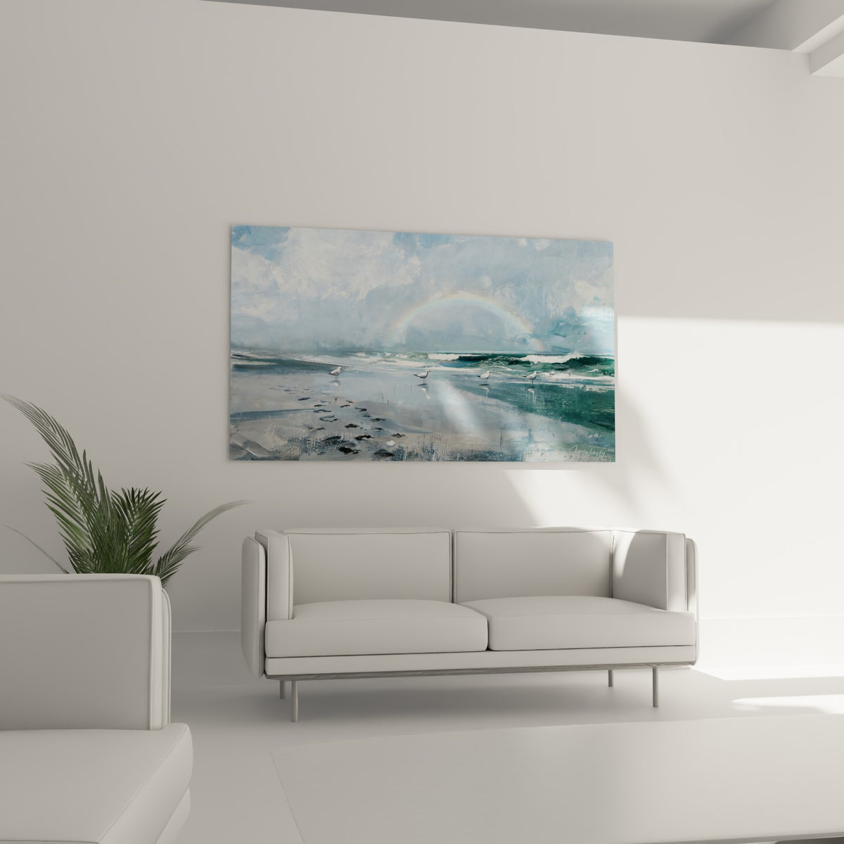 Vagues écumantes et arc-en-ciel discret peints au-dessus d'un canapé dans un salon lumineux