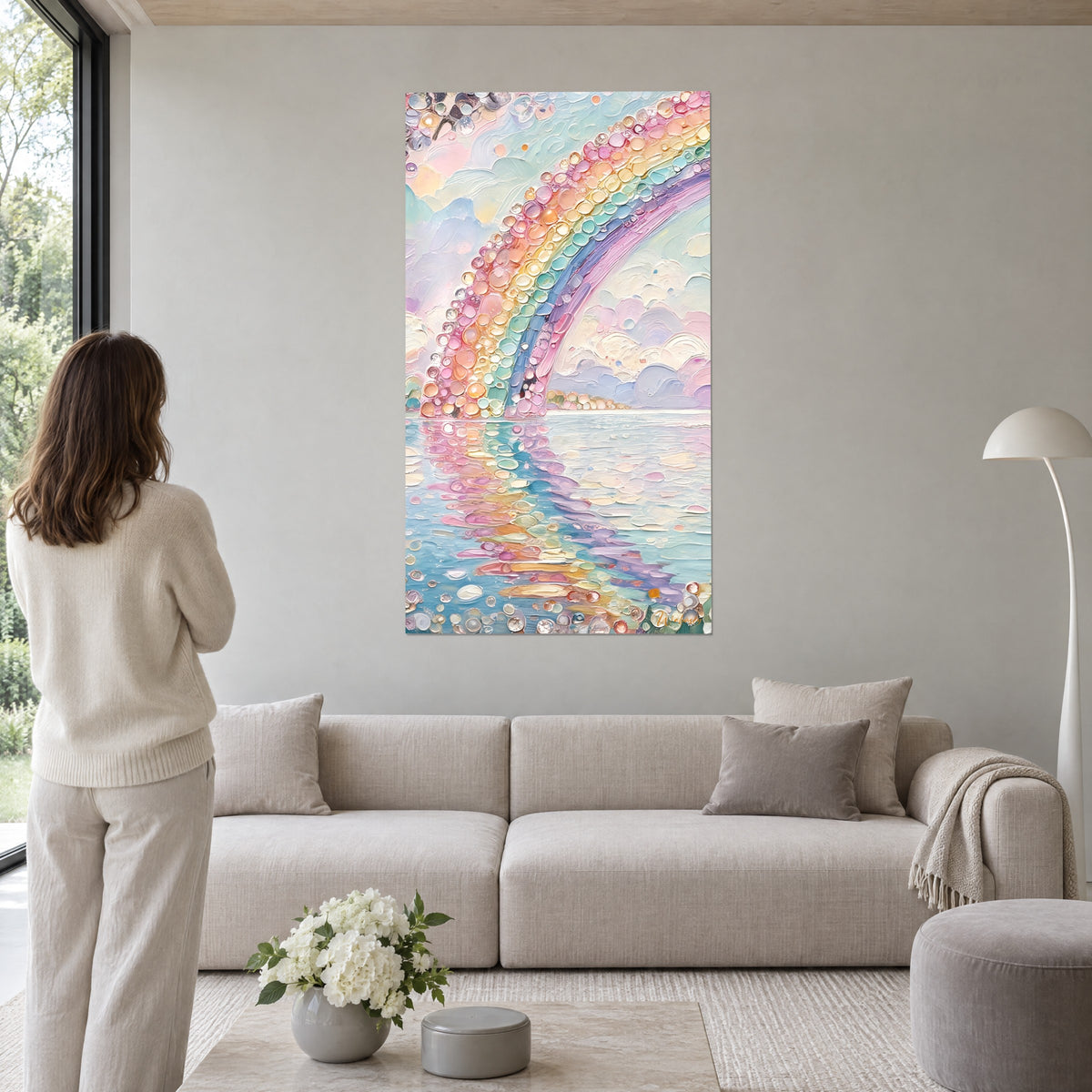 Wall art rainbow of pink and turquoise glass droplets, reflection on calm water, woman seen from behind, above a sofa in a bright living room