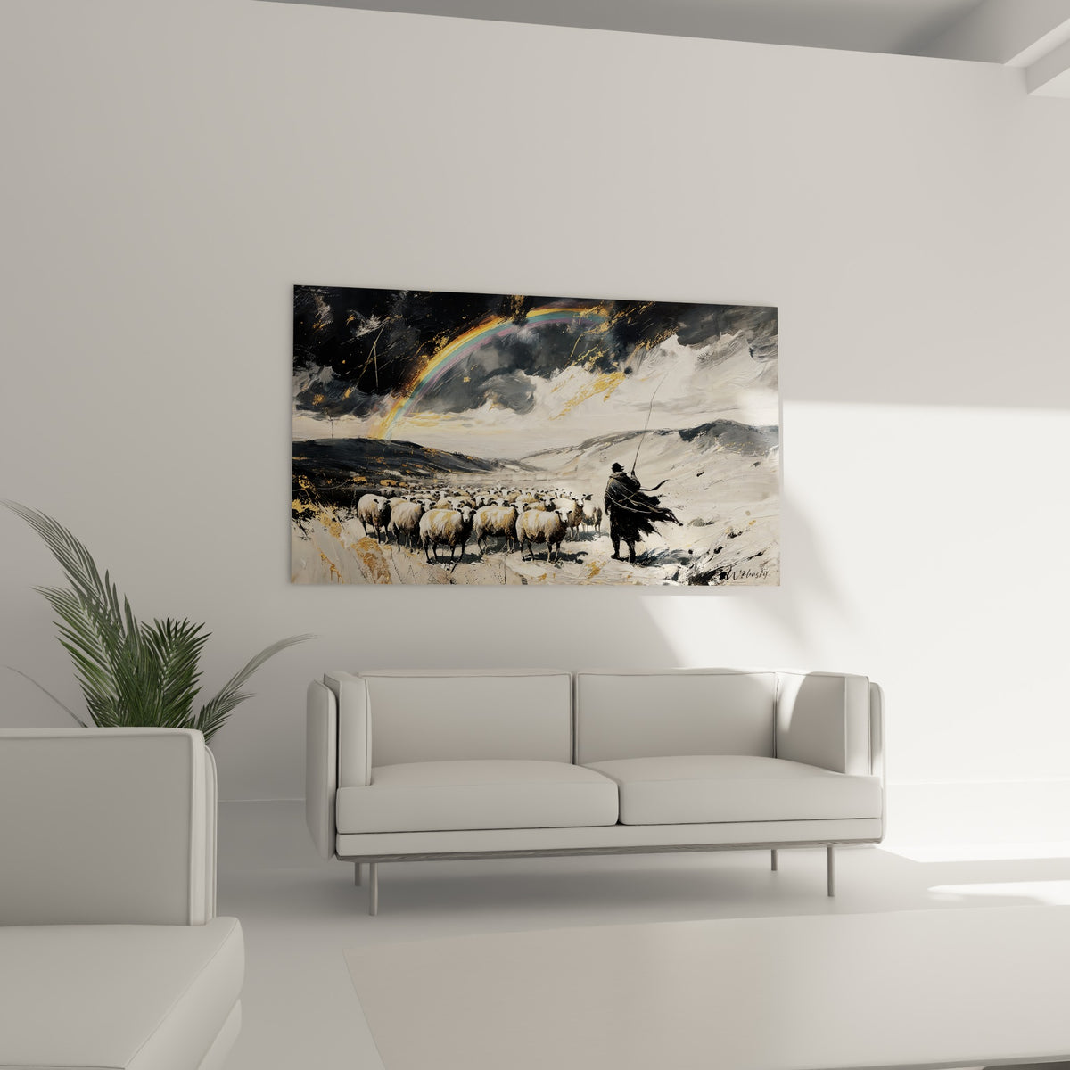 Silhouette de berger et arc en ciel pastel traversant des nuages anthracite, au-dessus d'un canapé dans un salon lumineux