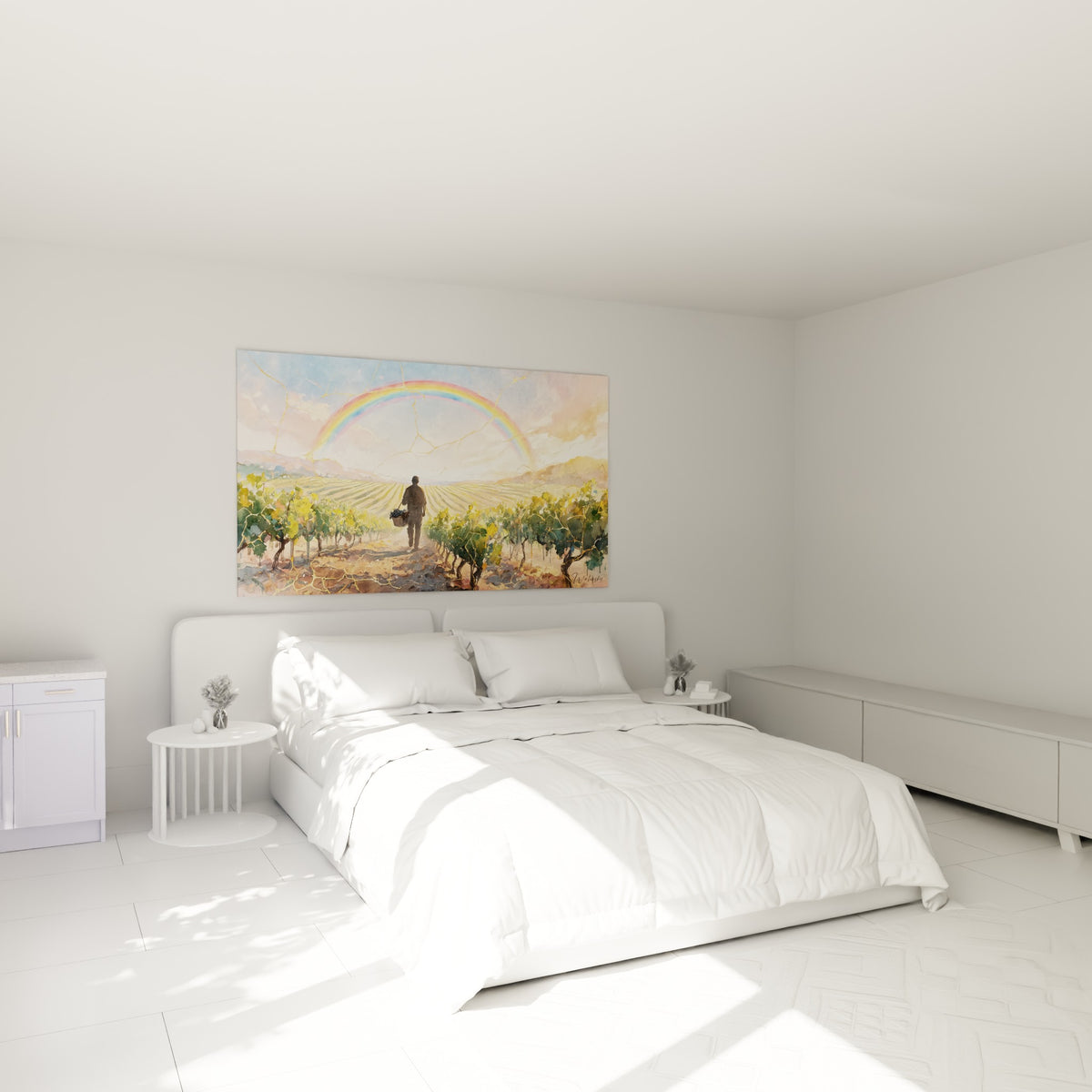 Silhouette au panier de raisins sous un arc-en-ciel accrochée au-dessus d'un lit dans une chambre claire