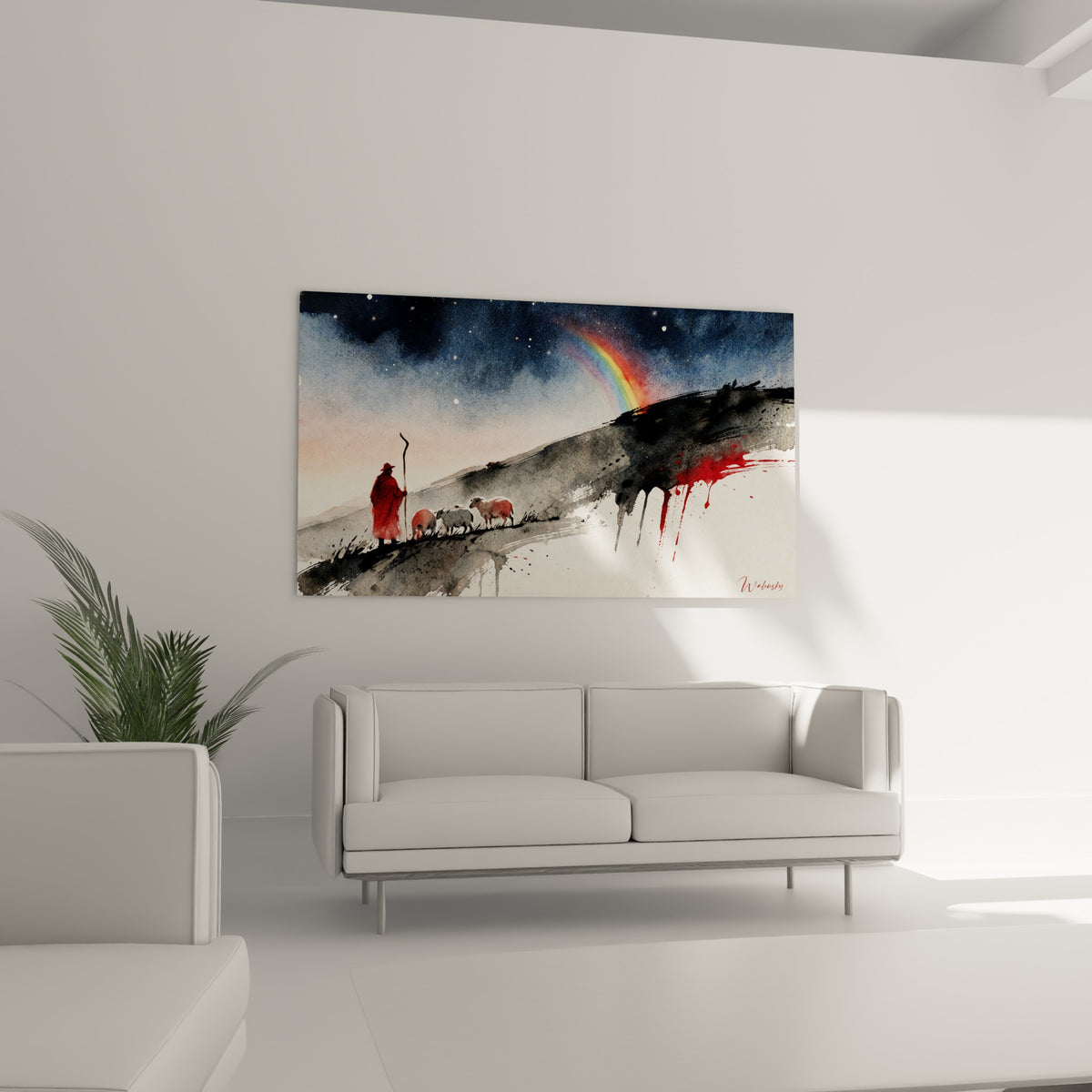 Moutons et berger vêtu de rouge sur fond anthracite et bleu marine, au-dessus d'un canapé dans un salon lumineux