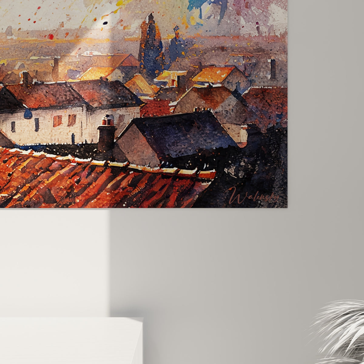 Coulures d'aquarelle bleu turquoise et orange se mêlant sur le grain du papier texturé de l'arc-en-ciel