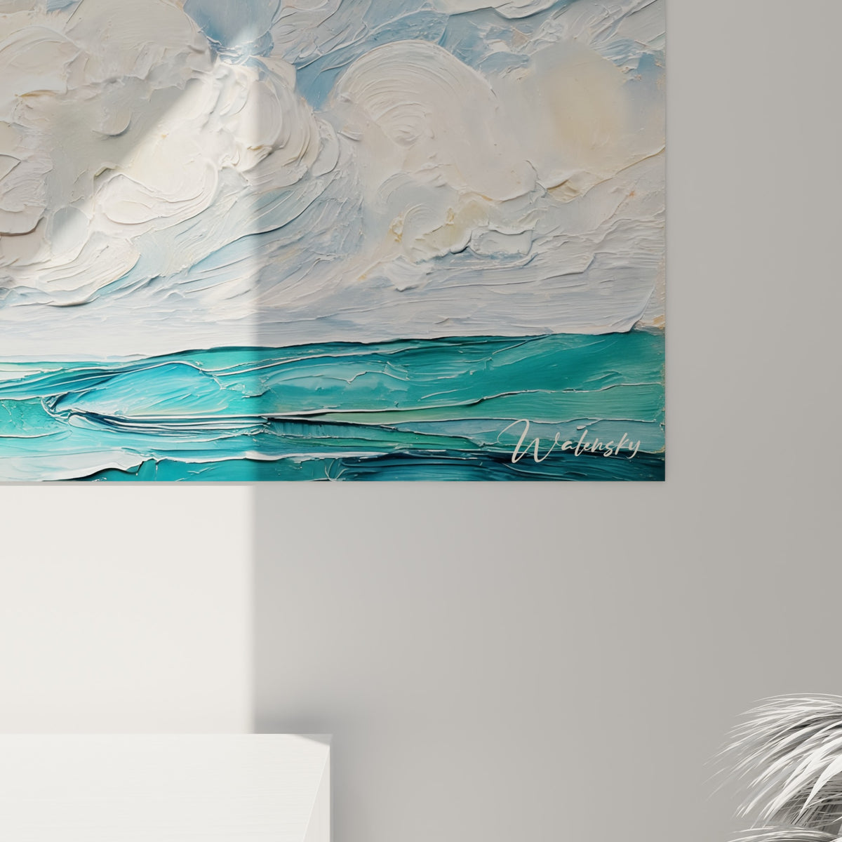 Empâtements épais blanc et crème du ciel se mêlant aux touches turquoise et corail de l'arc-en-ciel peint au couteau