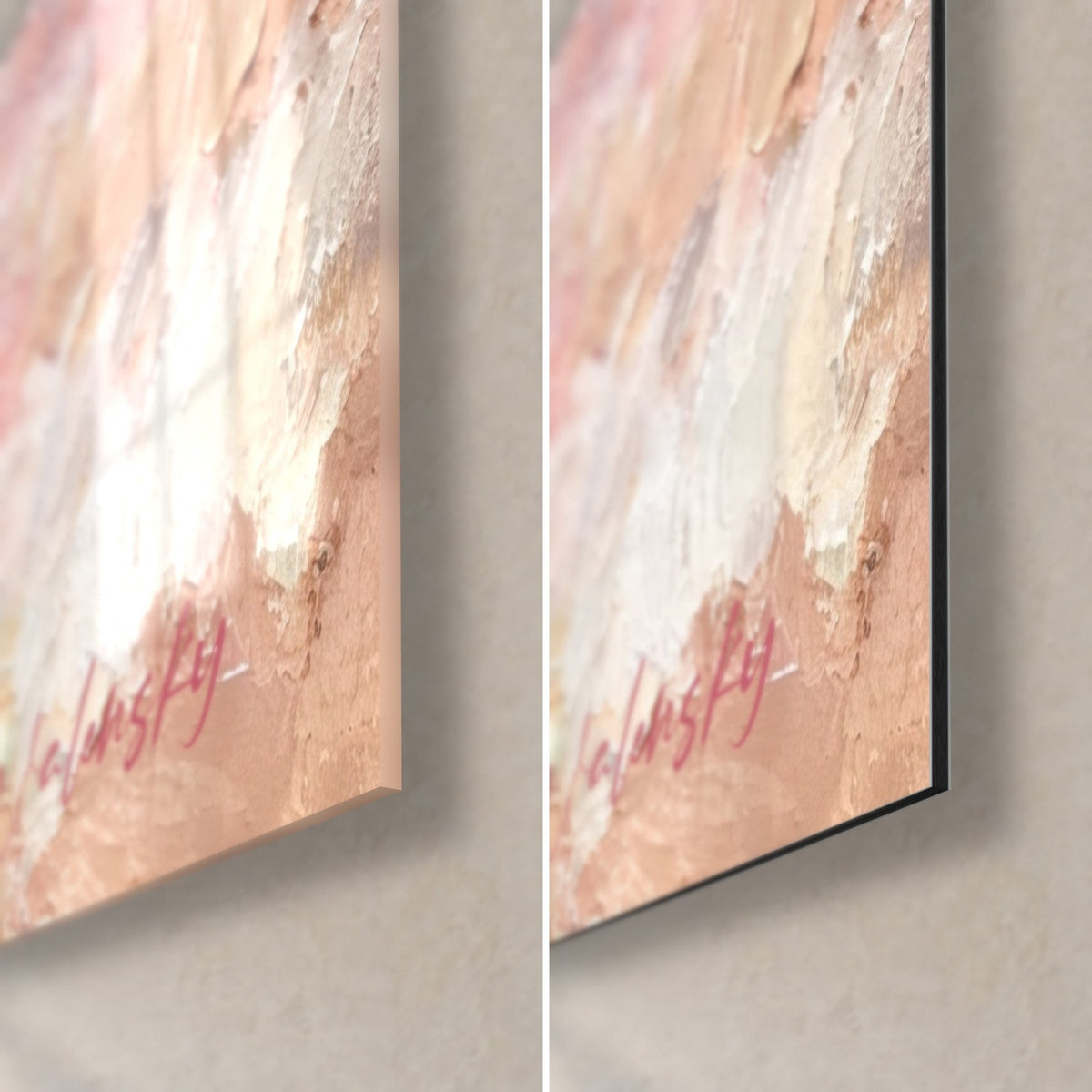 Wall art pink mares in thick impasto, coral signature bottom right, glossy glass on the left, matte beige Dibond on the right