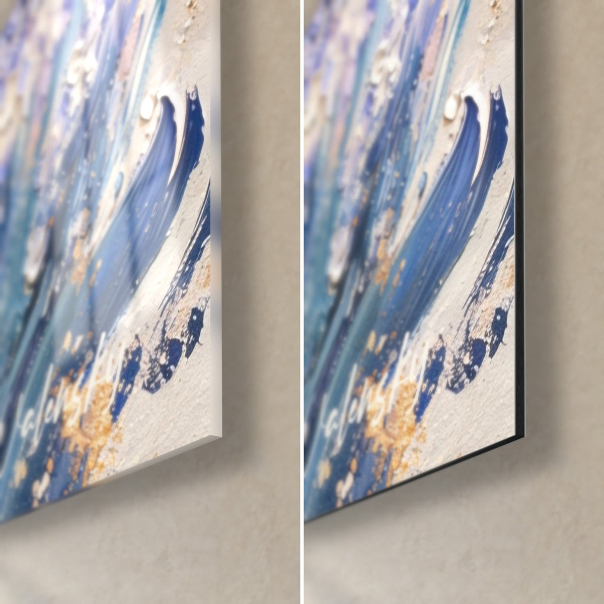 Quadro filare di lavanda a pennellate blu notte e glitter dorato, angolo in basso a destra: vetro lucido a sinistra, Dibond opaco a destra