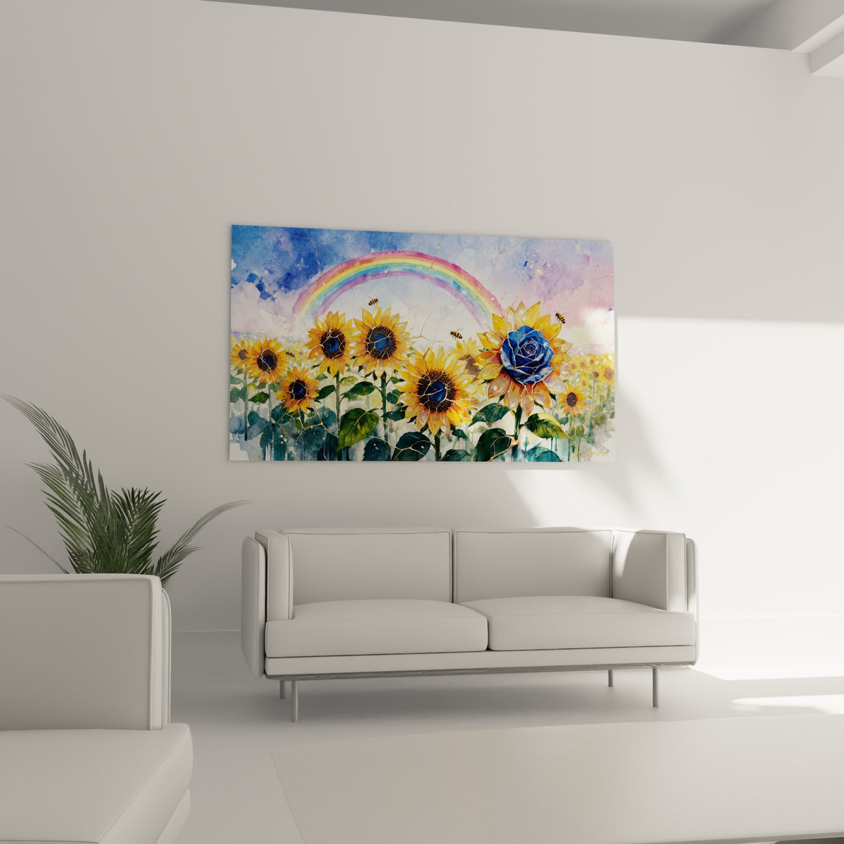 Abeilles survolant des tournesols dorés et une rose indigo, au-dessus d'un canapé dans un salon lumineux
