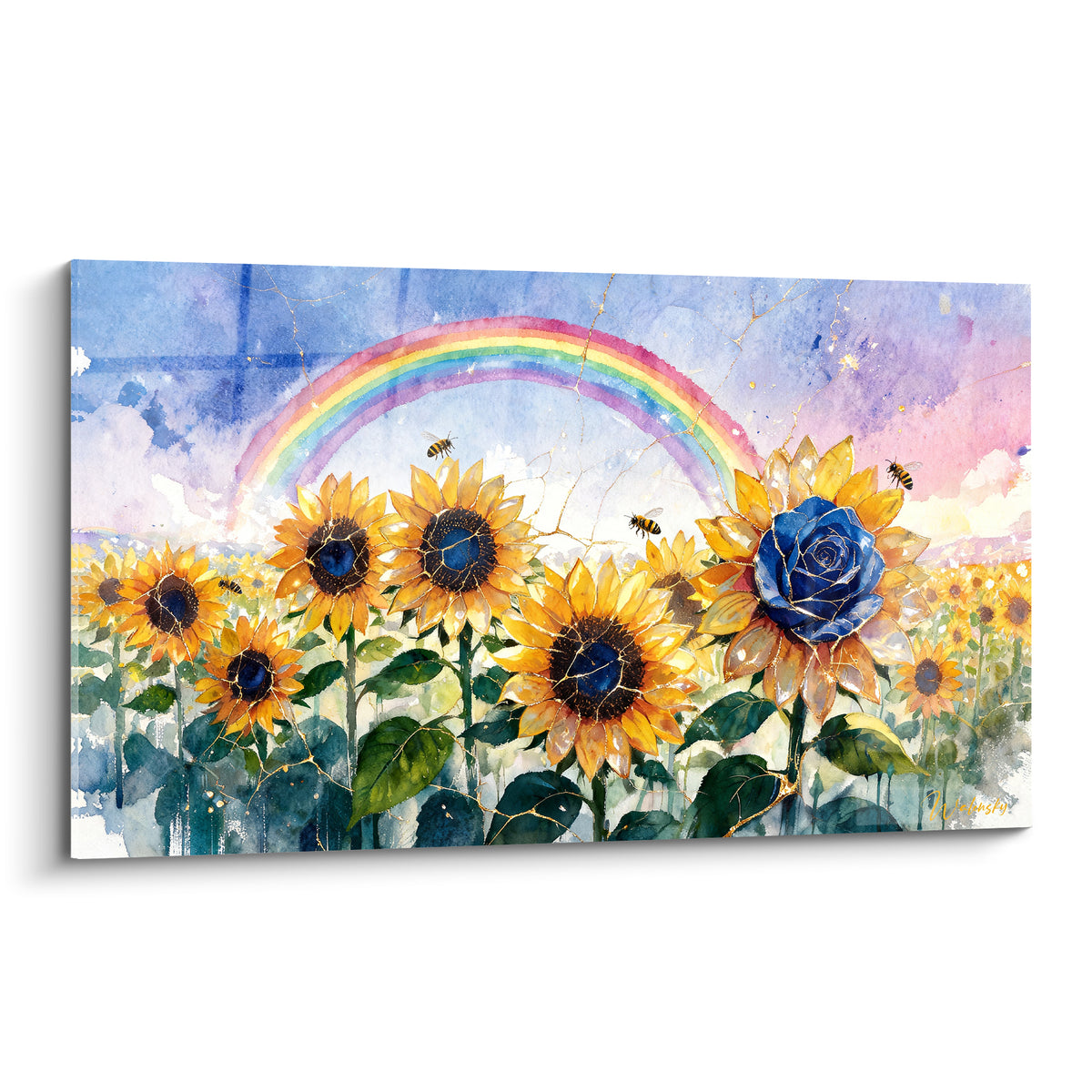 Tournesols jaunes et rose bleue sous une arche multicolore, aquarelle aux craquelures dorées
