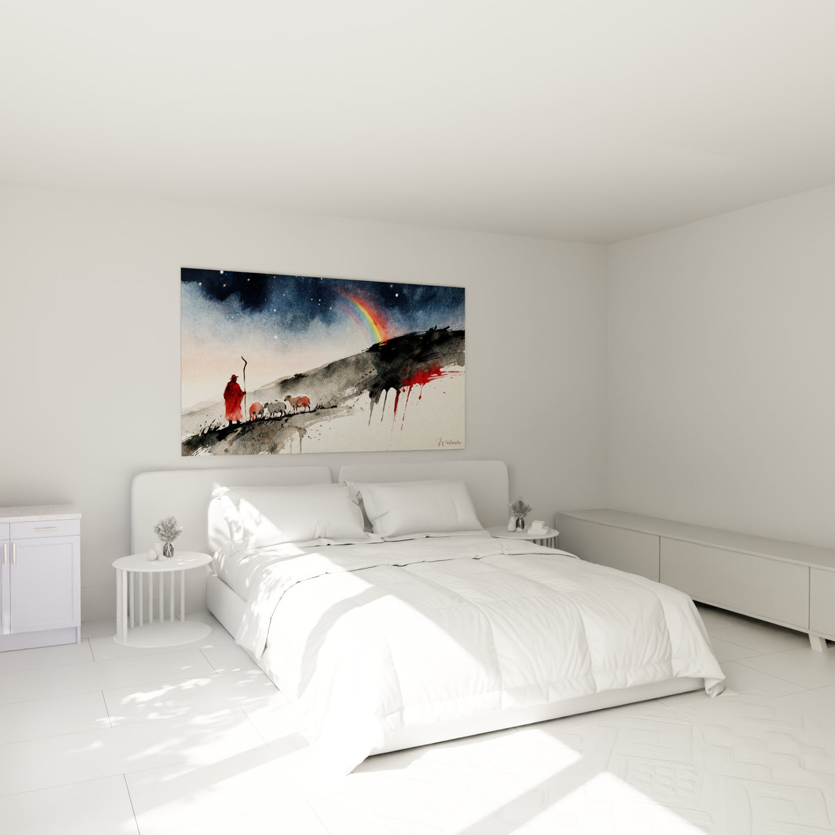 Silhouette rouge du berger et troupeau blanc sous arc en ciel, accrochée au-dessus d'un lit dans une chambre claire