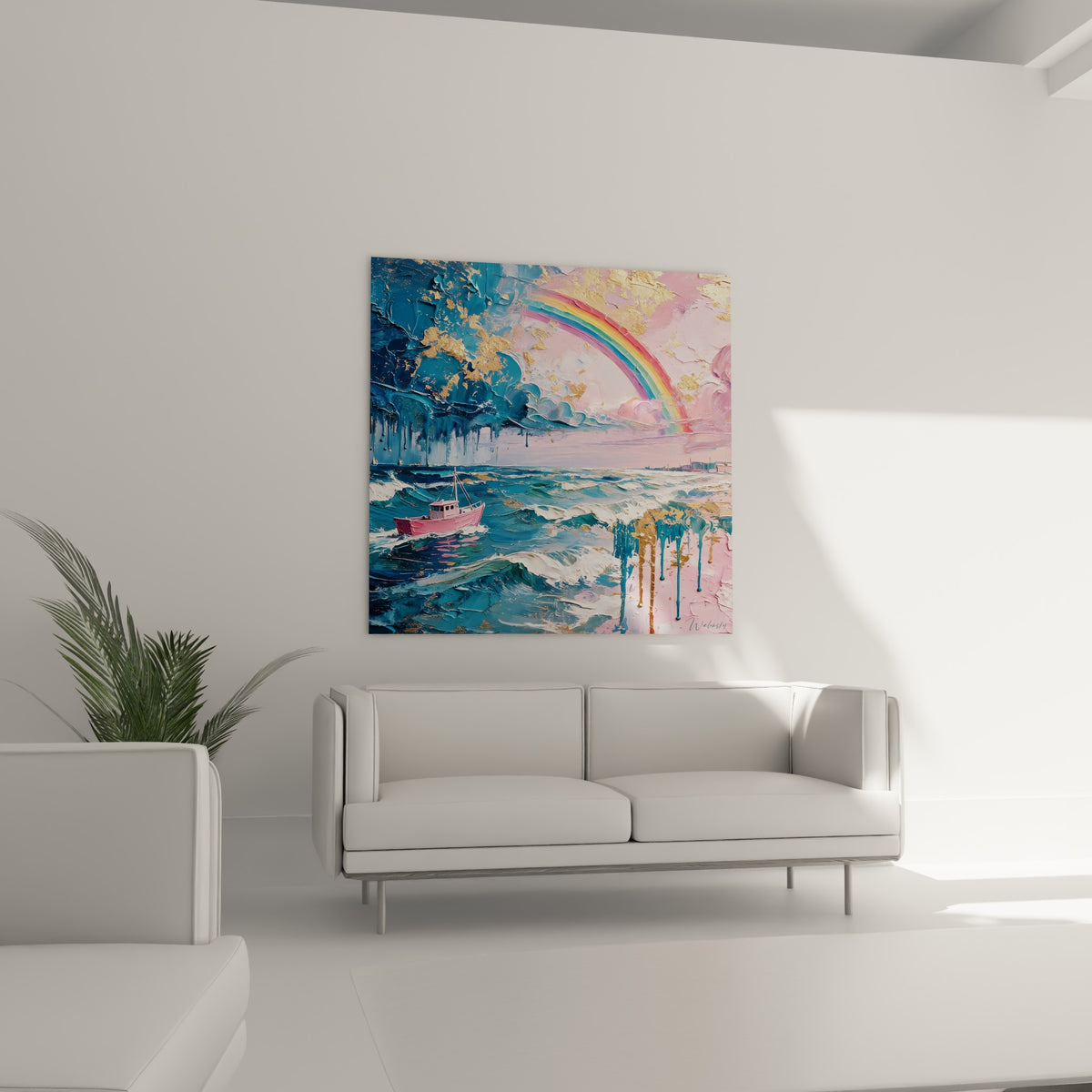 Voilier rose voguant parmi des vagues d'écume et un ciel rose doré, au-dessus d'un canapé dans un salon lumineux