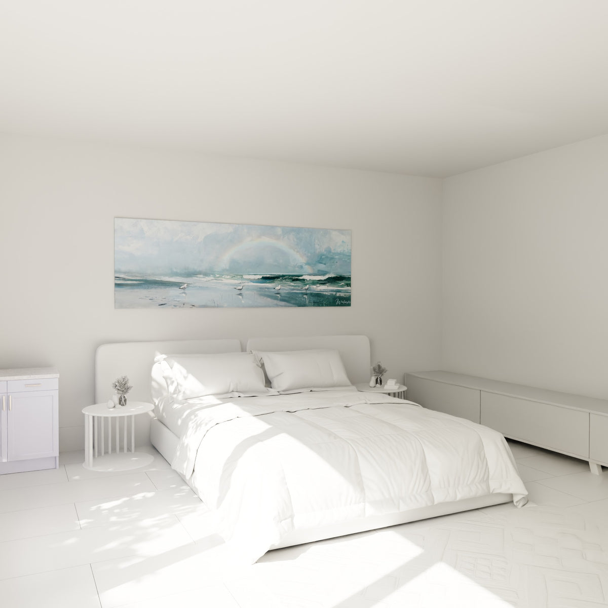 Vagues turquoise et arc pastel apaisant, œuvre placée au-dessus d'un lit dans une chambre claire