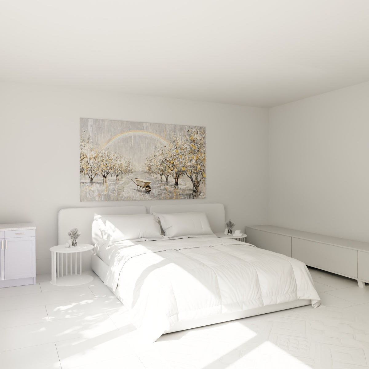 Arc en ciel pastel traversant un verger doré et gris, au-dessus d'un lit dans une chambre claire