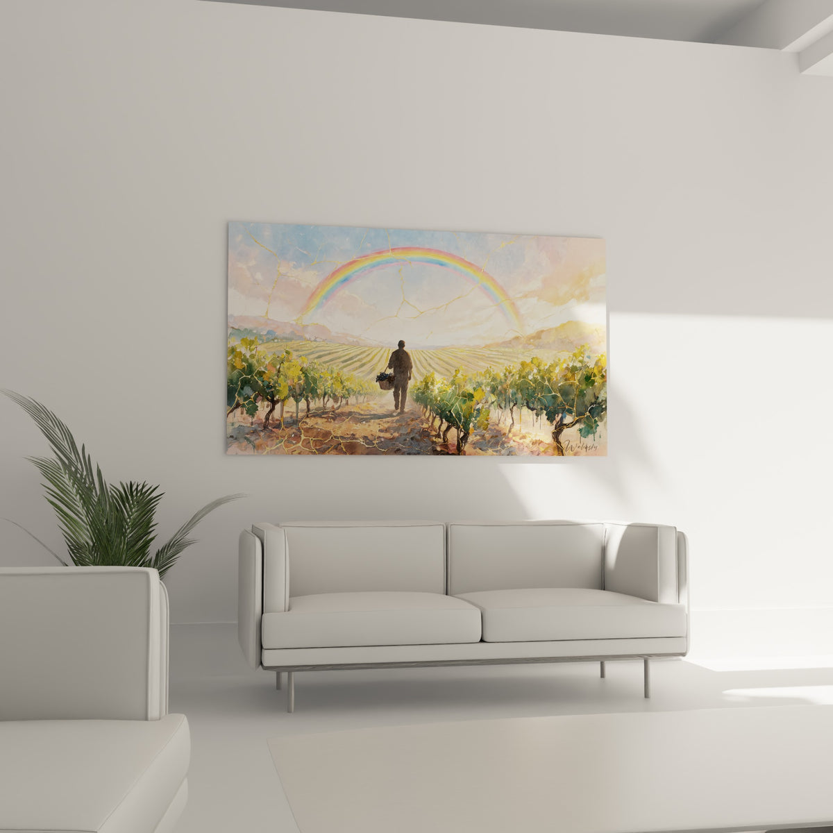 Vignoble ocre traversé par un arc-en-ciel doré accroché au-dessus d'un canapé dans un salon lumineux