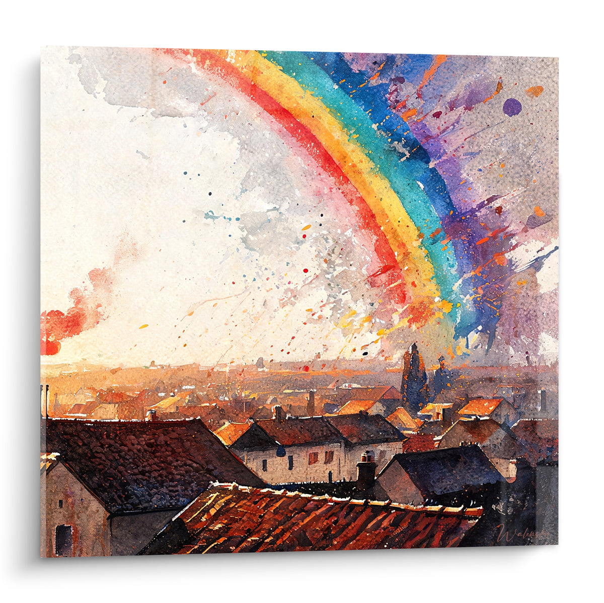 Arc-en-ciel aquarelle rouge, jaune et bleu turquoise surplombant des toits ocre et bruns