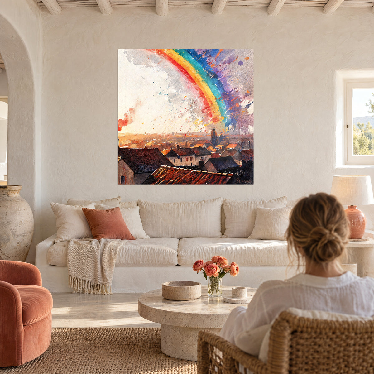 Gemälde mit leuchtendem Regenbogen, rote und türkisfarbene Streifen über ockerfarbenen Dächern, Frau von hinten, über einem Sofa in einem hellen Wohnzimmer