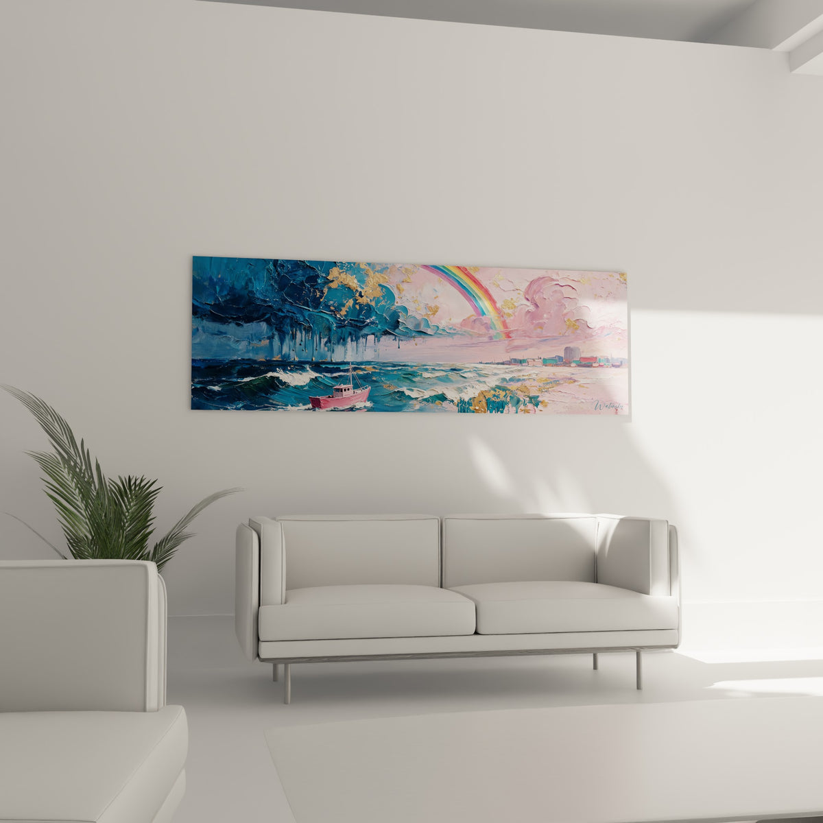 Voilier rose voguant sous un arc-en-ciel doré, au-dessus d'un canapé dans un salon lumineux