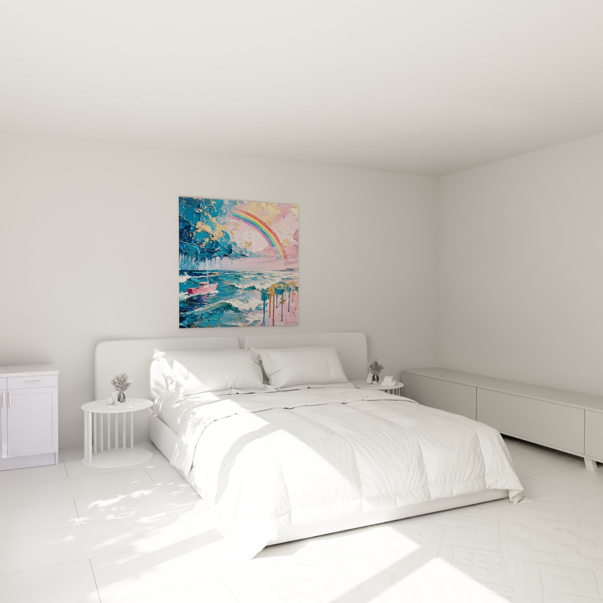 Petit bateau rose sur mer bleu marine et arc-en-ciel doré, au-dessus d'un lit dans une chambre claire