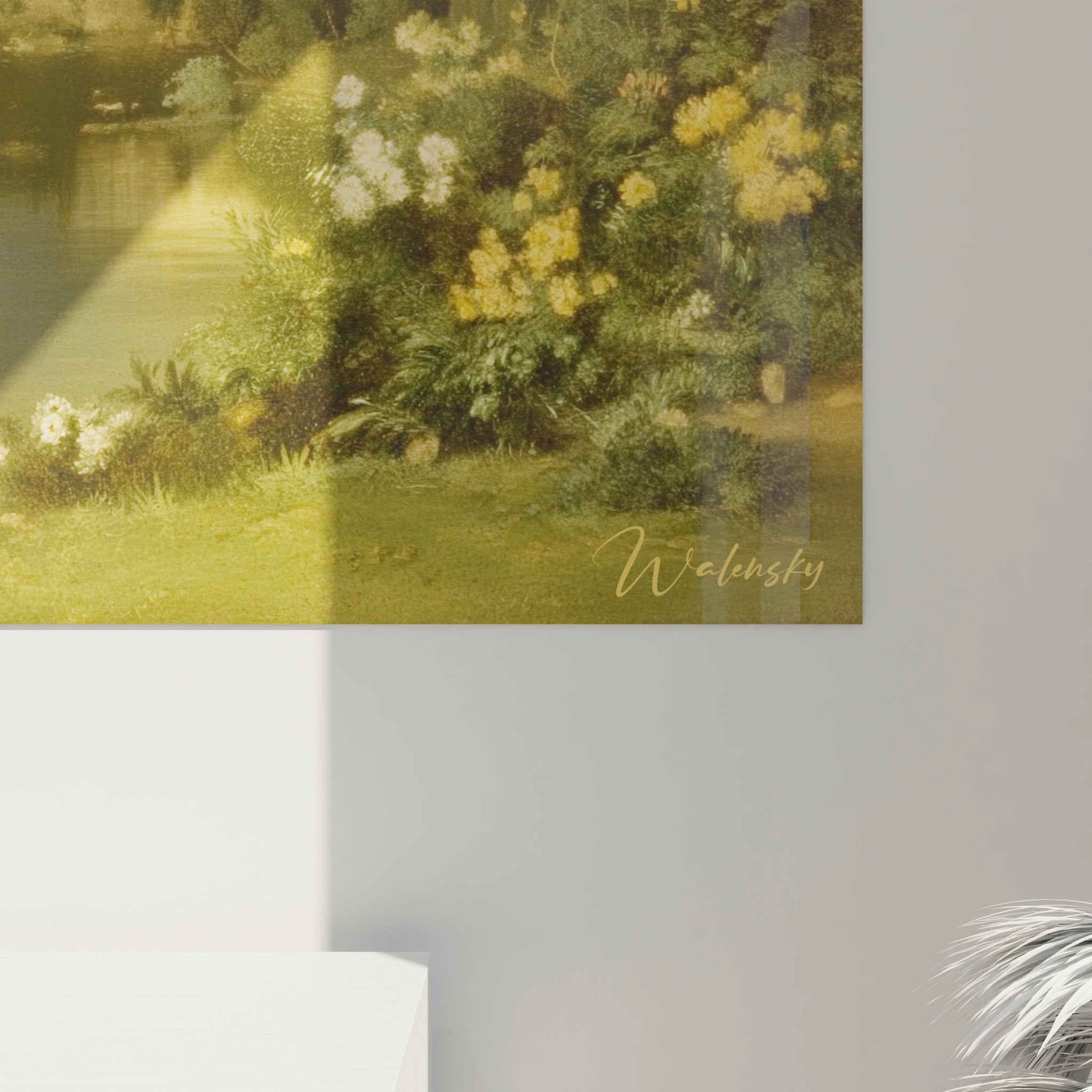 tableau néo classique haut de gamme Walensky représentant paysage floral et lac lumineux détail de la signature en bas