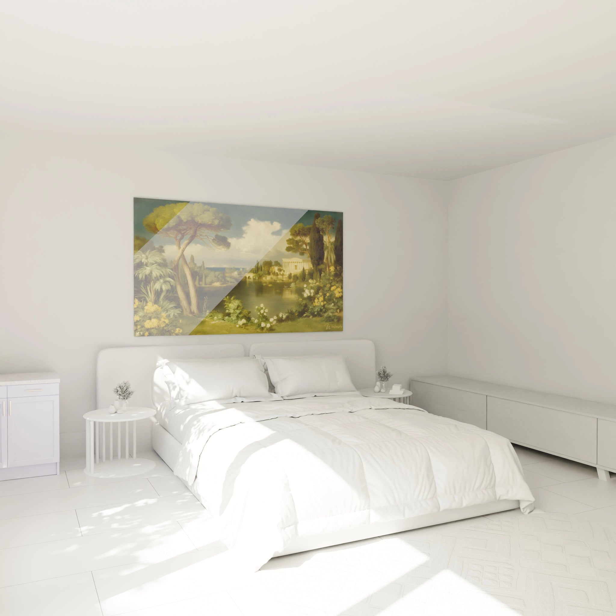 tableau néo classique haut de gamme Walensky paysage mural au dessus d un lit moderne blanc dans une chambre minimaliste