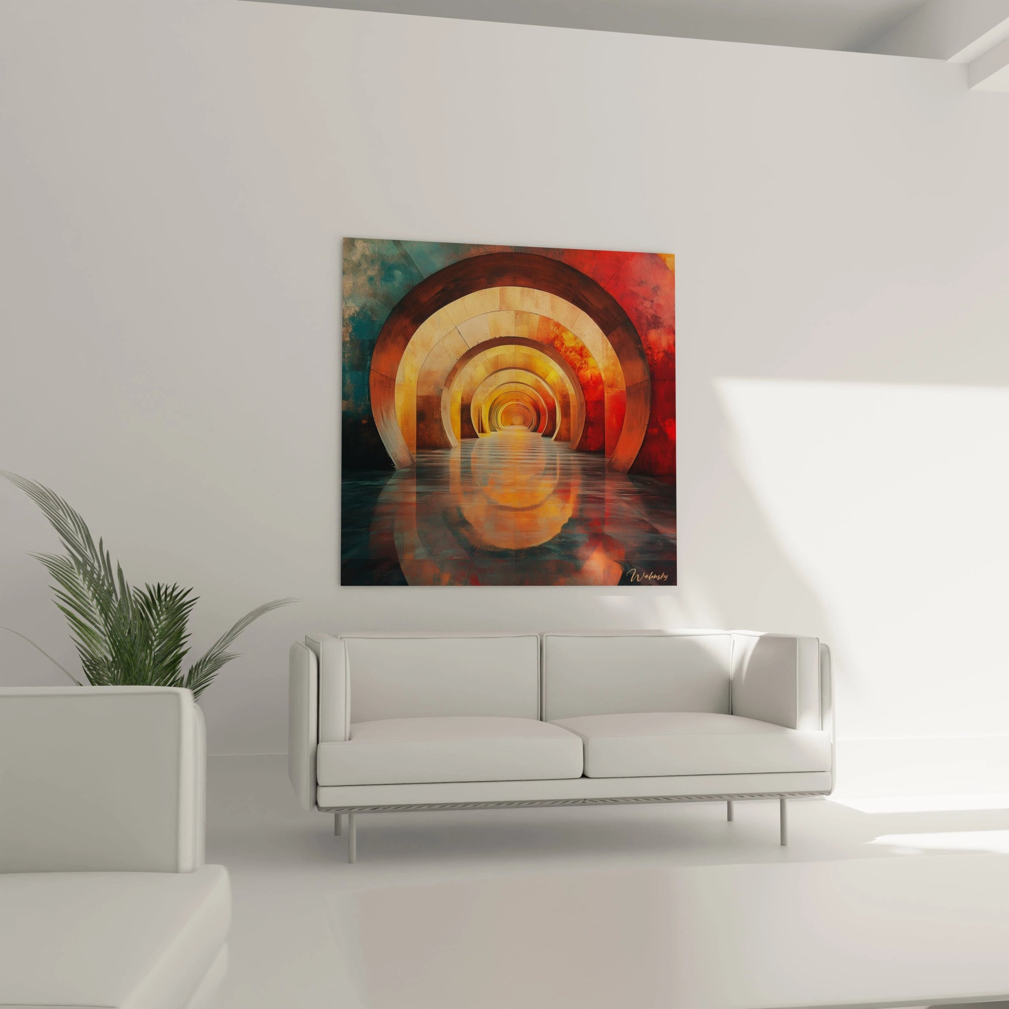 Tableau géométrique abstrait de Walensky avec des cercles colorés et un reflet sur une surface brillante