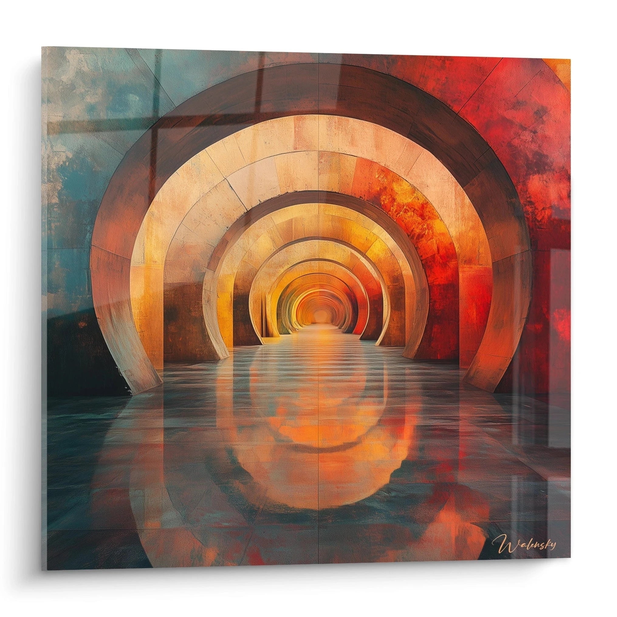 Tableau géométrique abstrait Walensky avec des cercles colorés et un reflet apaisant sur une surface d'eau