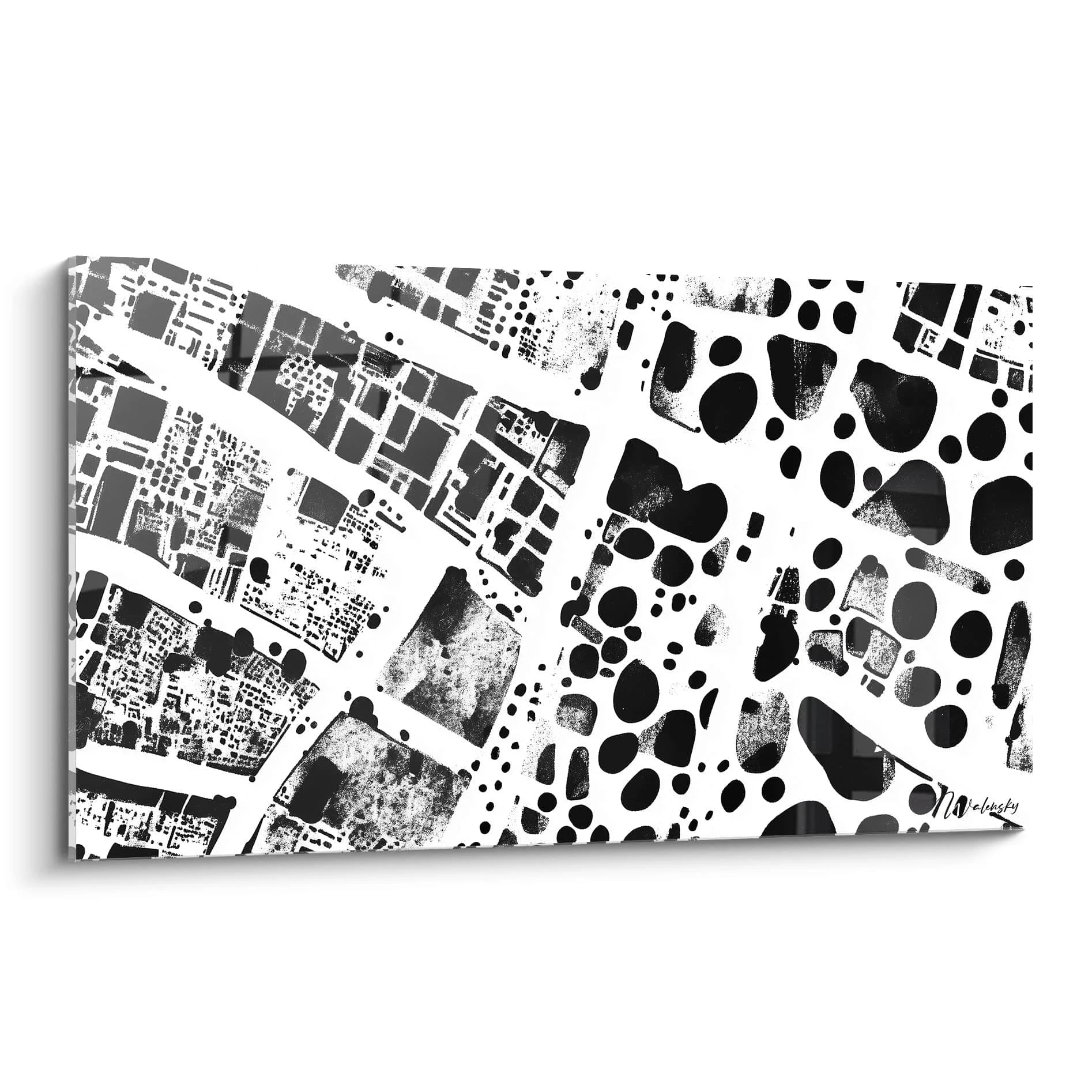 Tableau tacheté noir et blanc de Walensky avec motifs abstraits et géométriques modernes