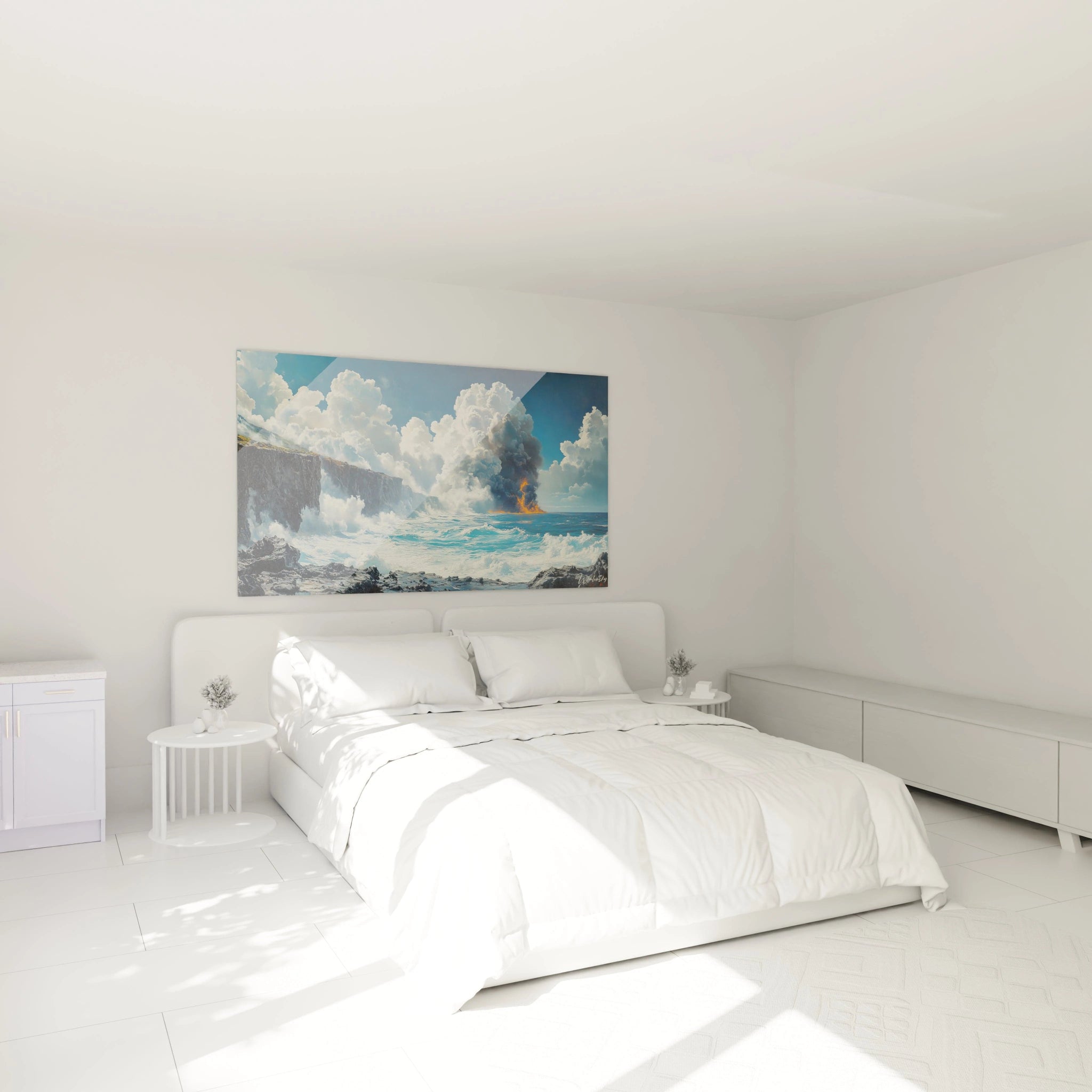 Un tableau mer dramatique capturant la rencontre entre eau et feu, où des vagues d'un bleu intense s'écrasent contre des roches noires. L'œuvre présente une éruption volcanique au loin et d'imposants nuages blancs sculptés sur fond de ciel azur.