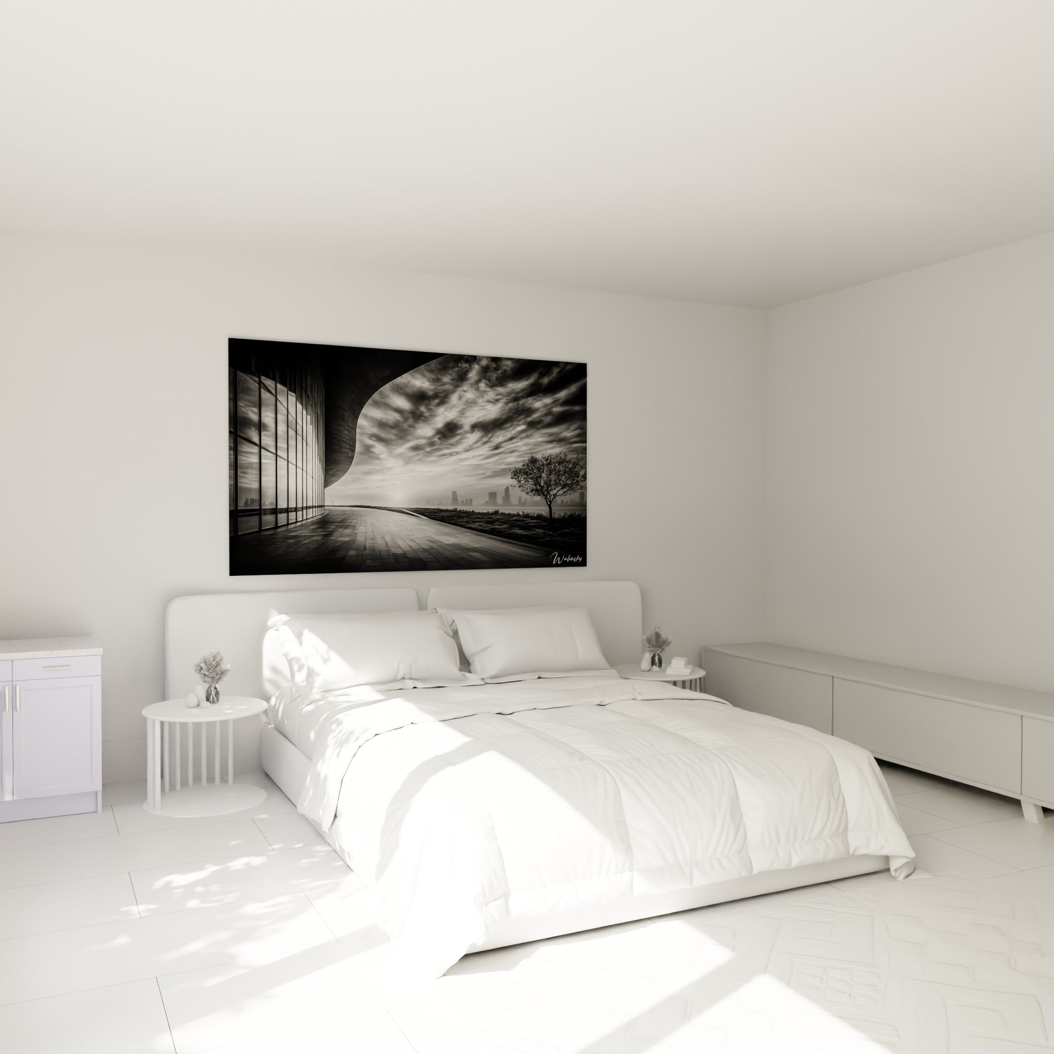Allée pavée menant vers un horizon urbain brumeux sur ce tableau architecture abstrait, au-dessus d'un lit dans une chambre claire