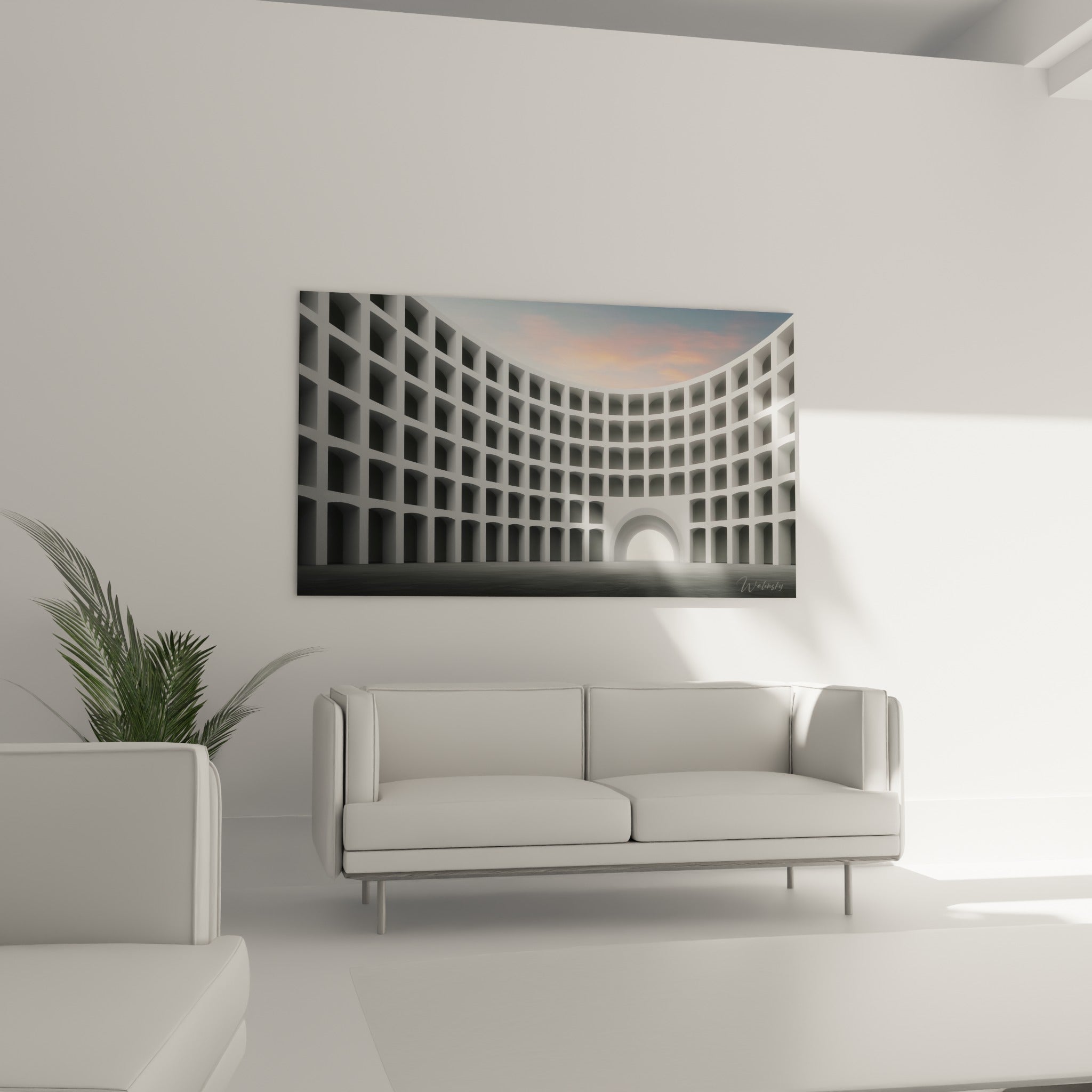 Structure géométrique blanche et bleu ciel de cette architecture abstrait au-dessus d'un canapé dans un salon lumineux