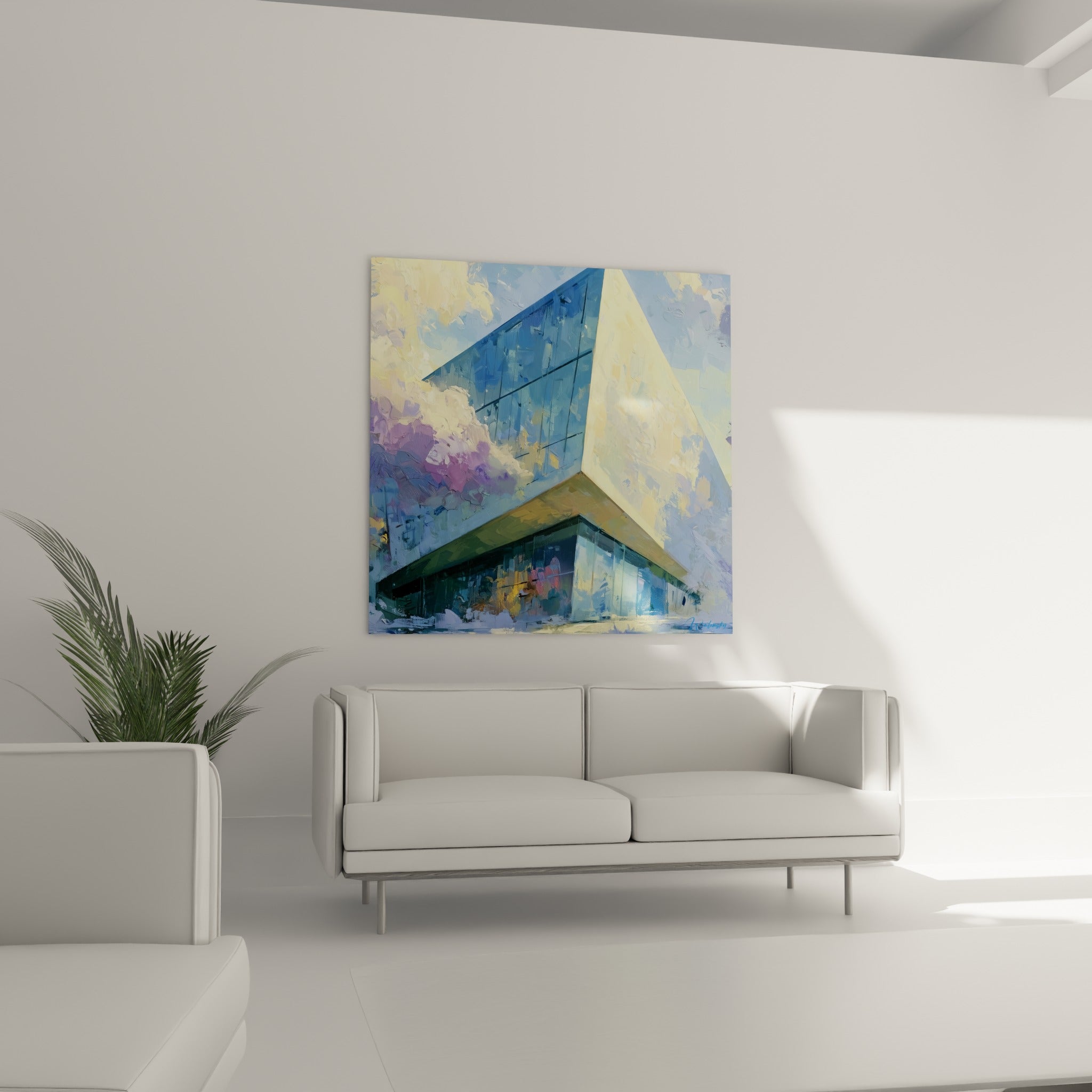 Angles architecturaux bleu marine et jaune pâle sous ciel violacé, au-dessus d'un canapé dans un salon lumineux