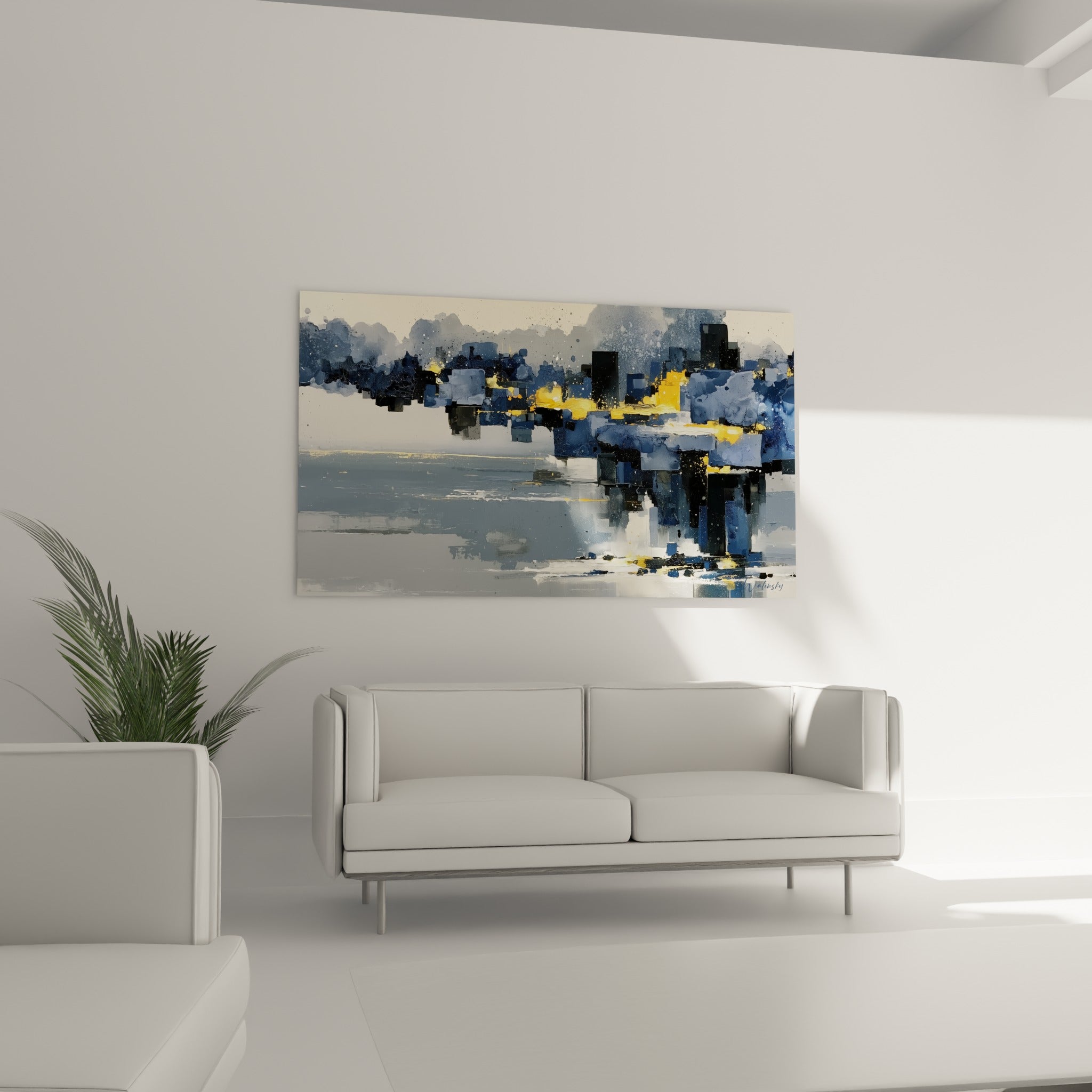 Composition urbaine anthracite et dorée aux éclaboussures picturales, au-dessus d'un canapé dans un salon lumineux