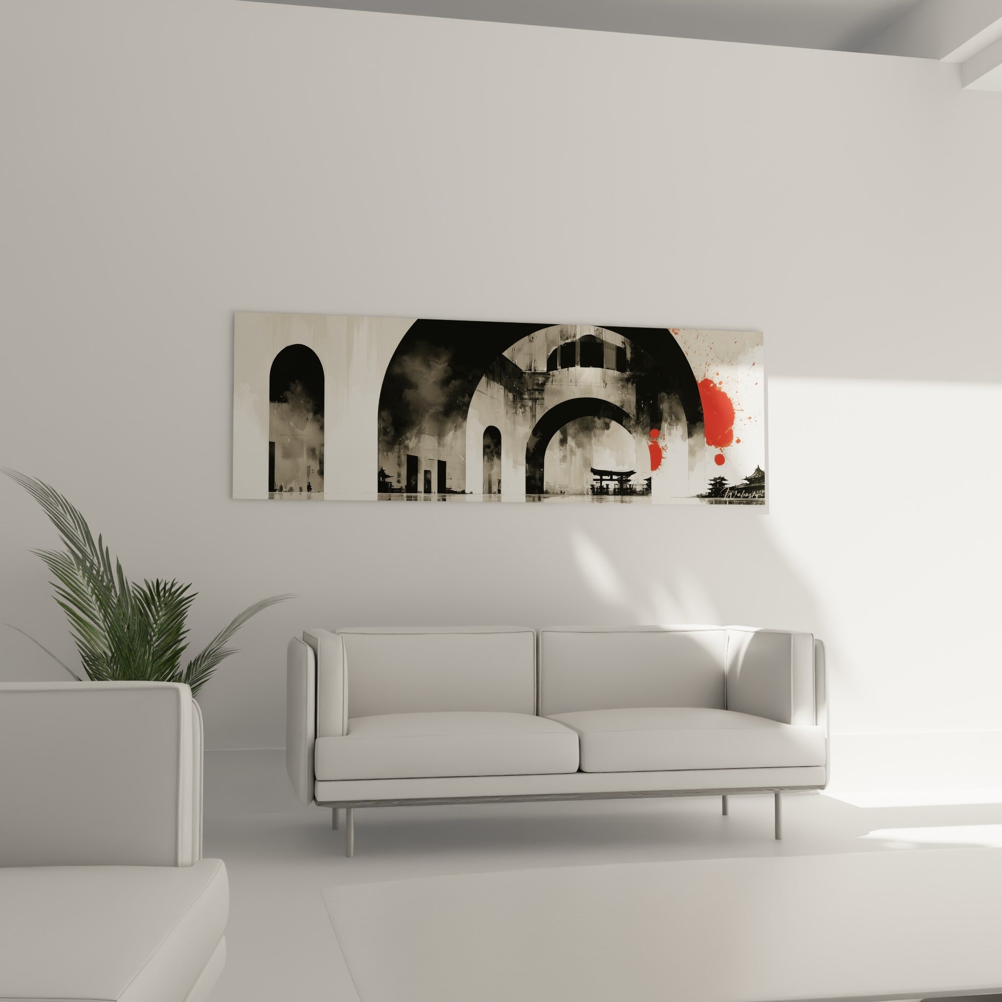 Perspective d'arcades noires et crème avec éclat écarlate, tableau architecture abstrait au-dessus d'un canapé dans un salon lumineux