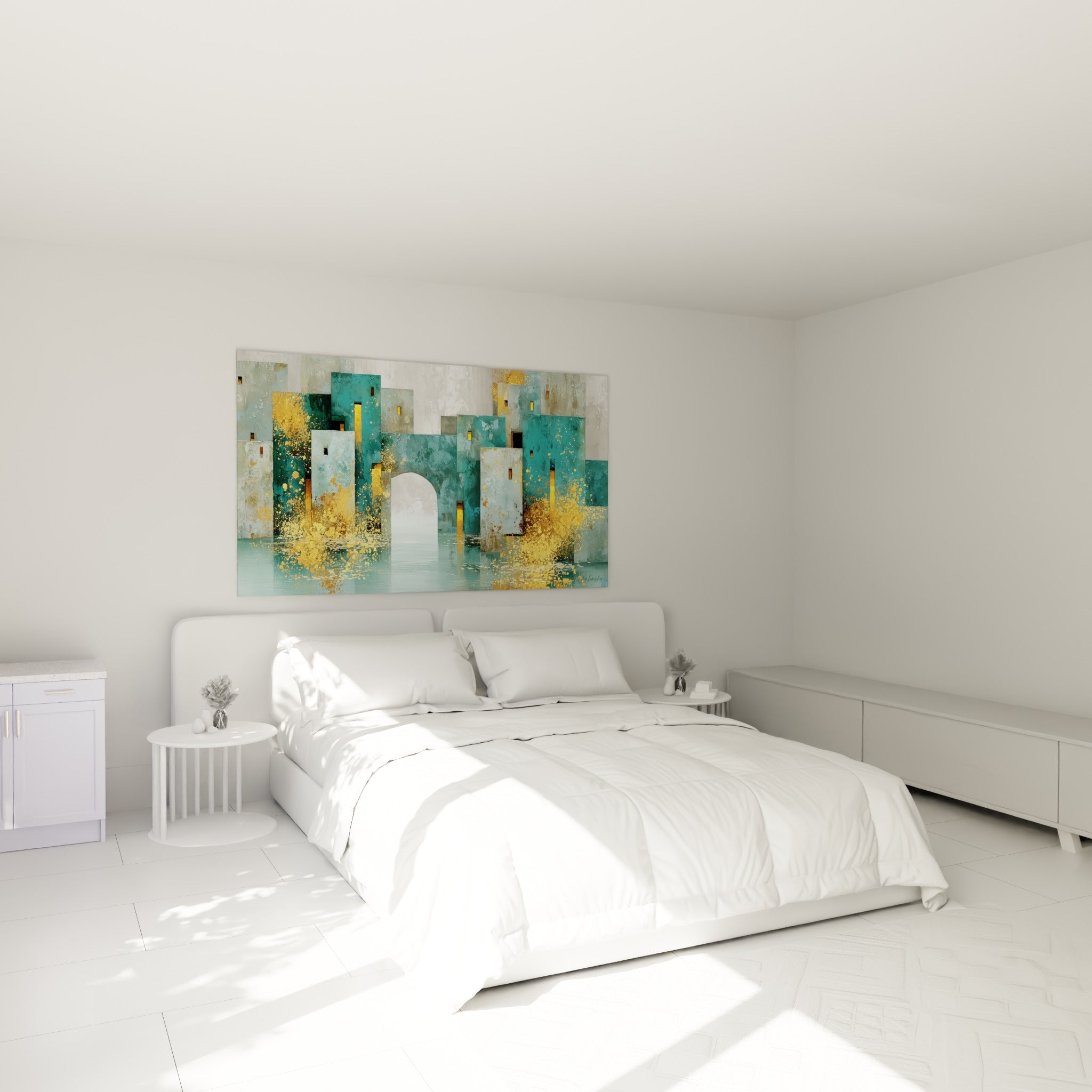 Tours bleu sarcelle et éclats dorés du tableau architecture abstrait au-dessus d'un lit dans une chambre claire