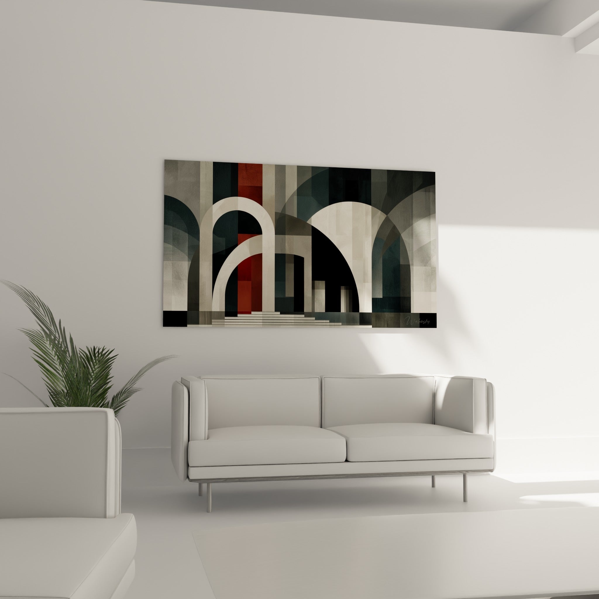 Arches géométriques bleu ardoise et ivoire au-dessus d'un canapé dans un salon lumineux, accent terracotta
