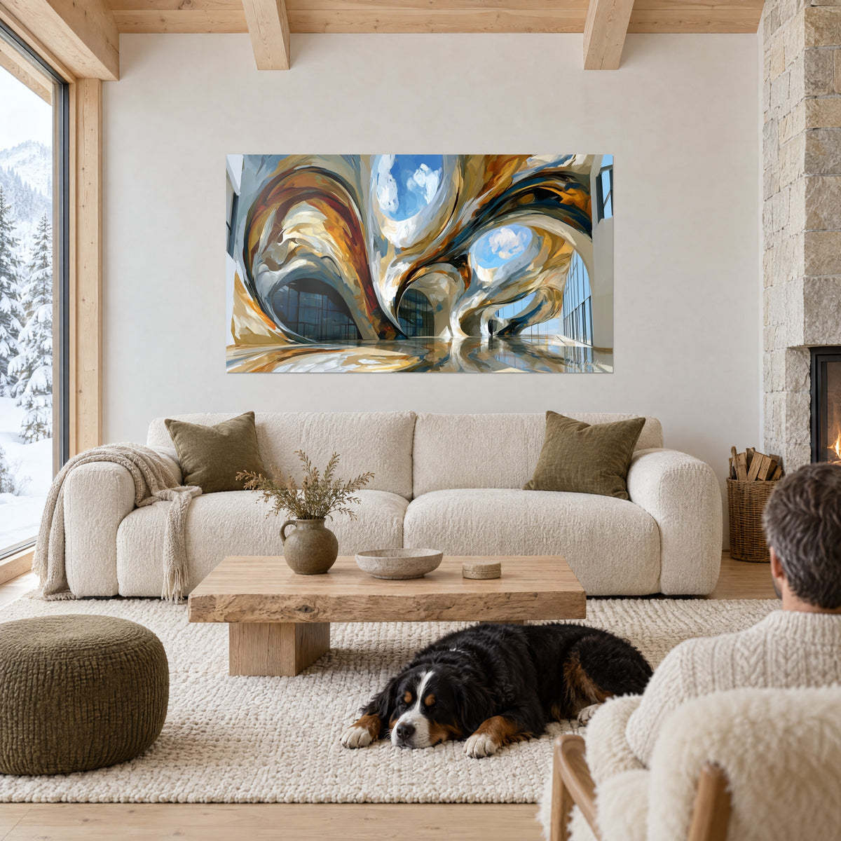 Tableau voûtes ocre et bleu aux trouées célestes, spirales dorées, chien noir endormi, au-dessus d'un canapé dans un salon lumineux
